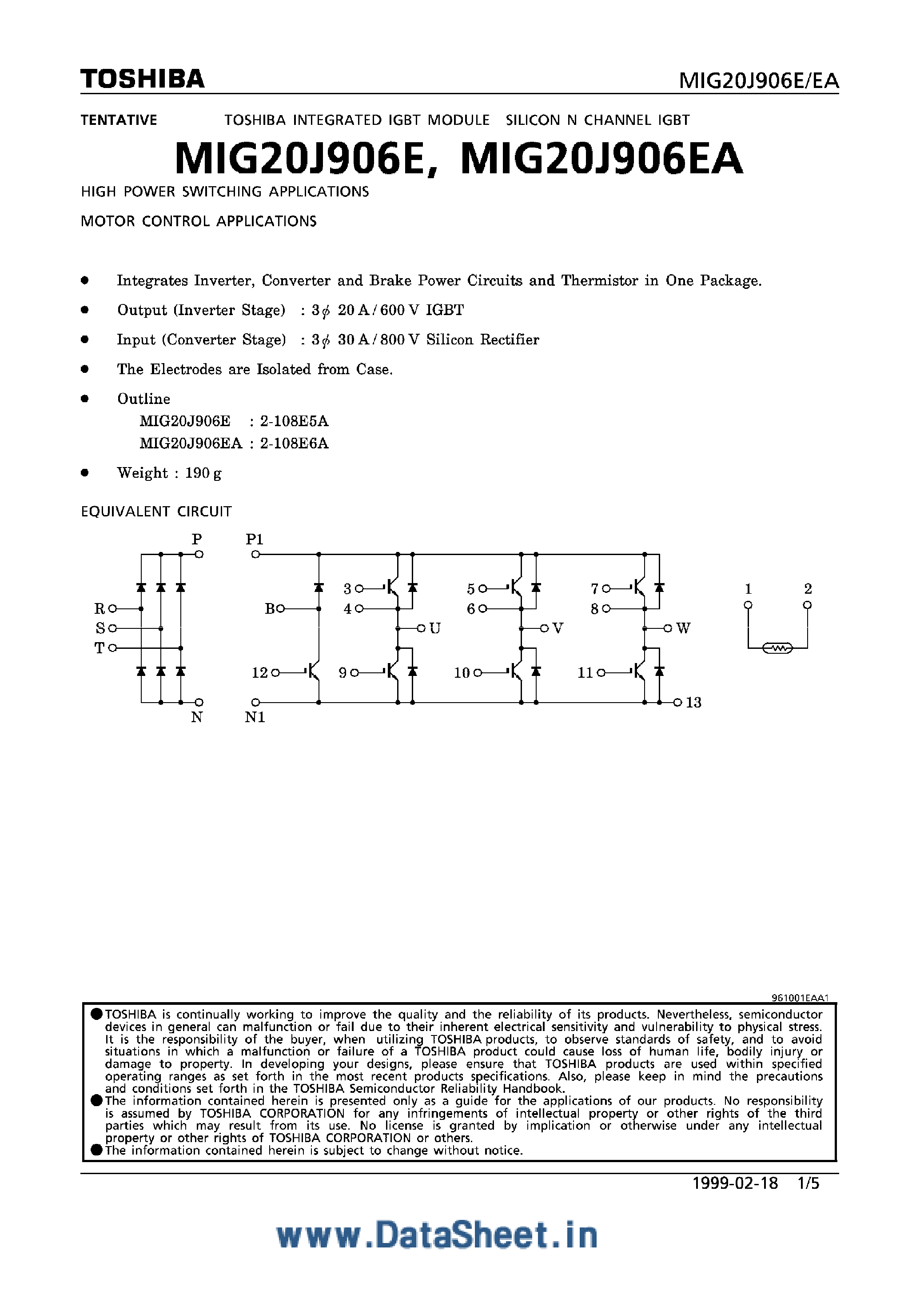 Datasheet MIG20J906E - Integrated IGBT Module Silicon N-Channel IGBT page 1
