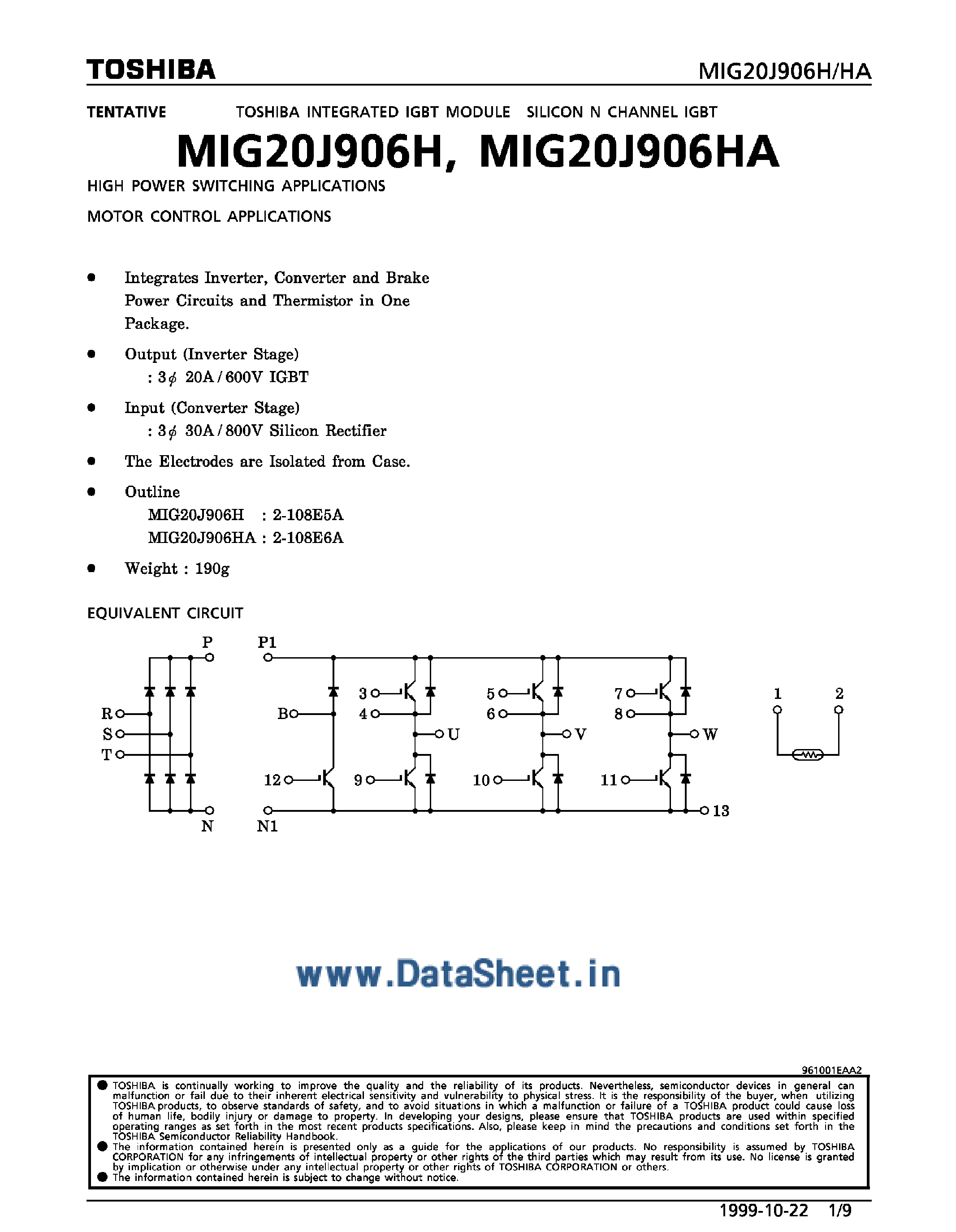 Datasheet MIG20J906H - Integrated IGBT Module Silicon N-Channel IGBT page 1