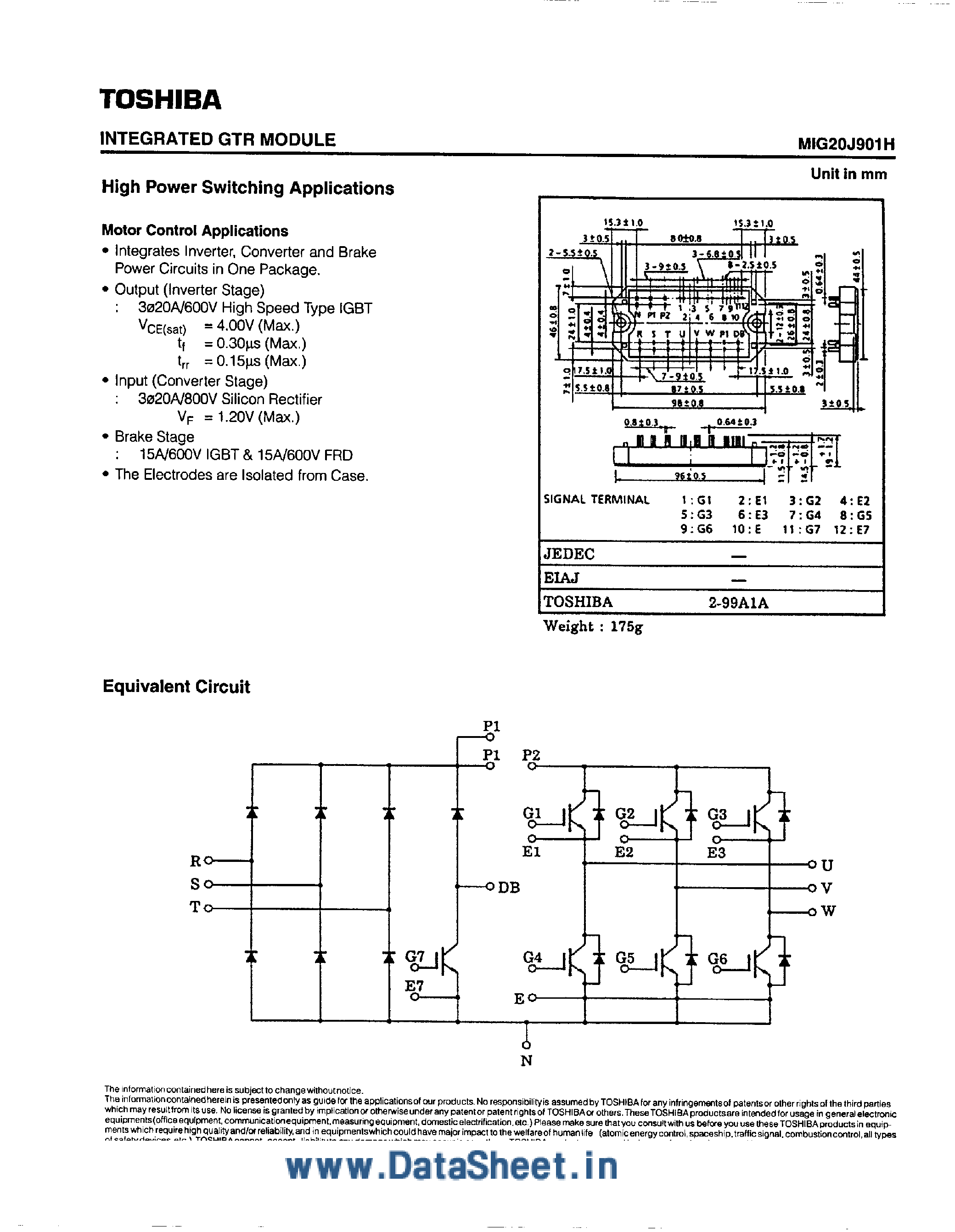 Datasheet MIG20J901H page 1 Datasheet MIG20J901H - High Power Switching Applications page 1