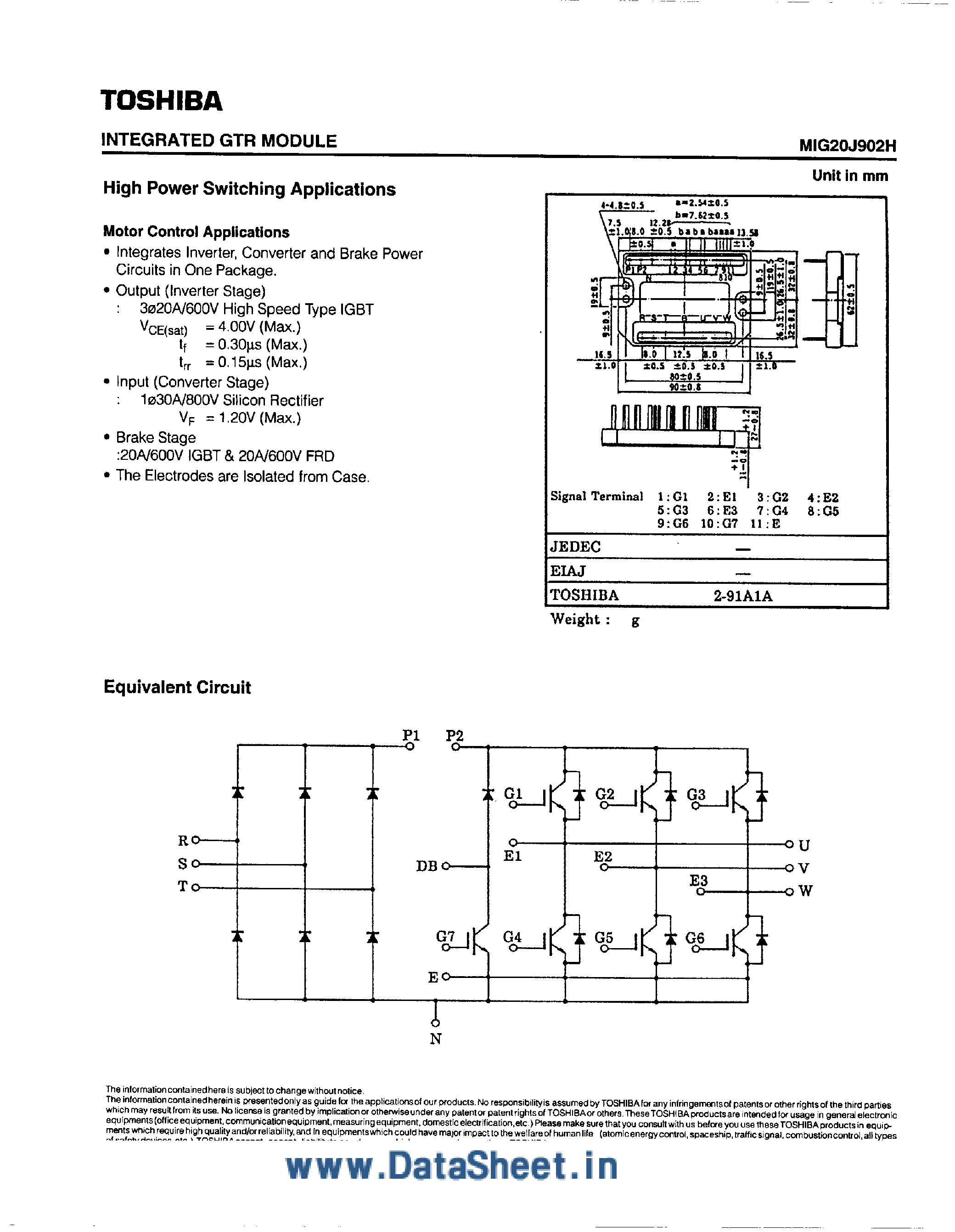 Datasheet MIG20J902H page 1 Datasheet MIG20J902H - High Power Switching Applications page 1