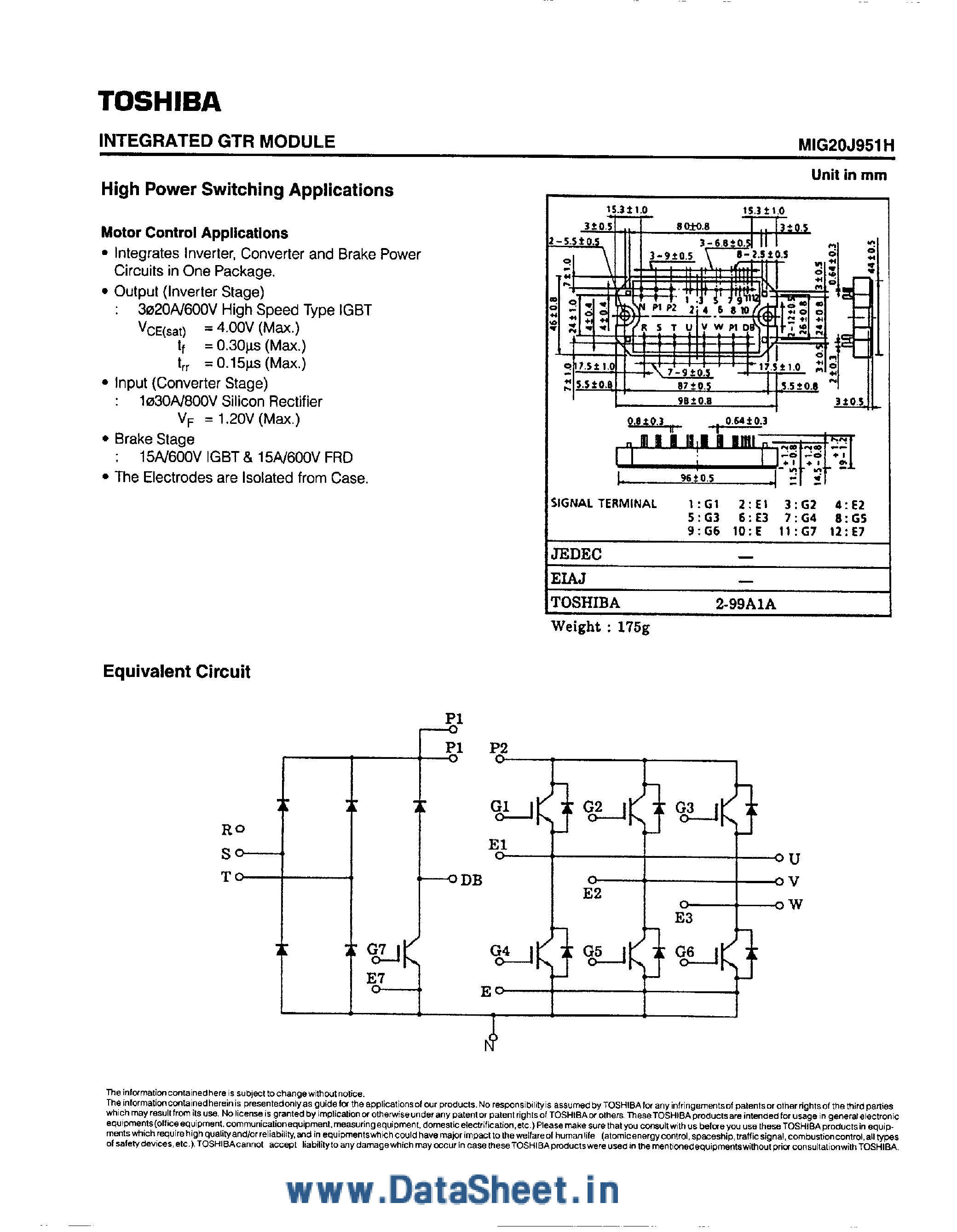 Datasheet MIG20J951H - High Power Switching Applications page 1