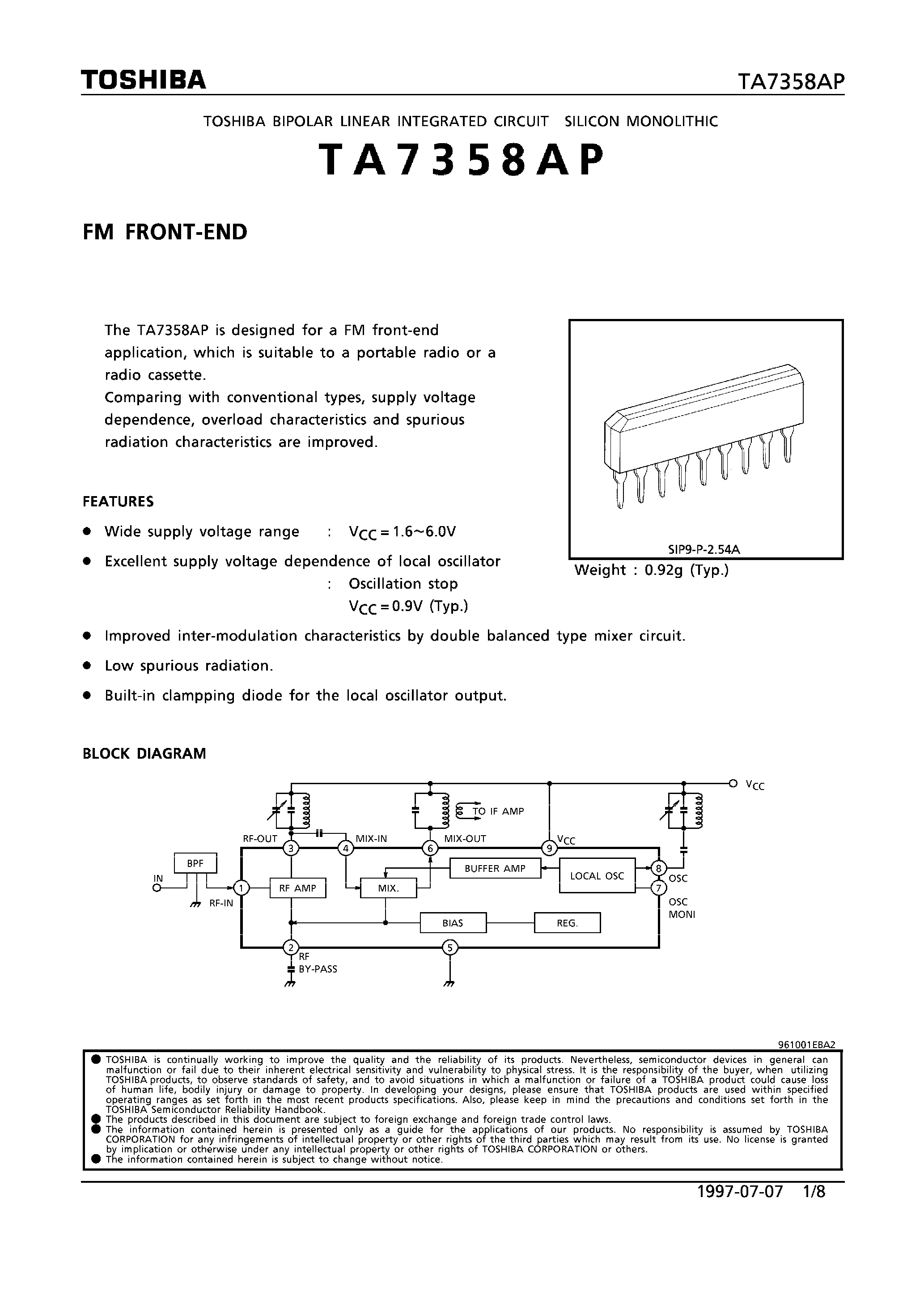 Даташит на микросхему TA7358AP страница 1 Даташит TA7358AP - FM FRONT-END страница 1