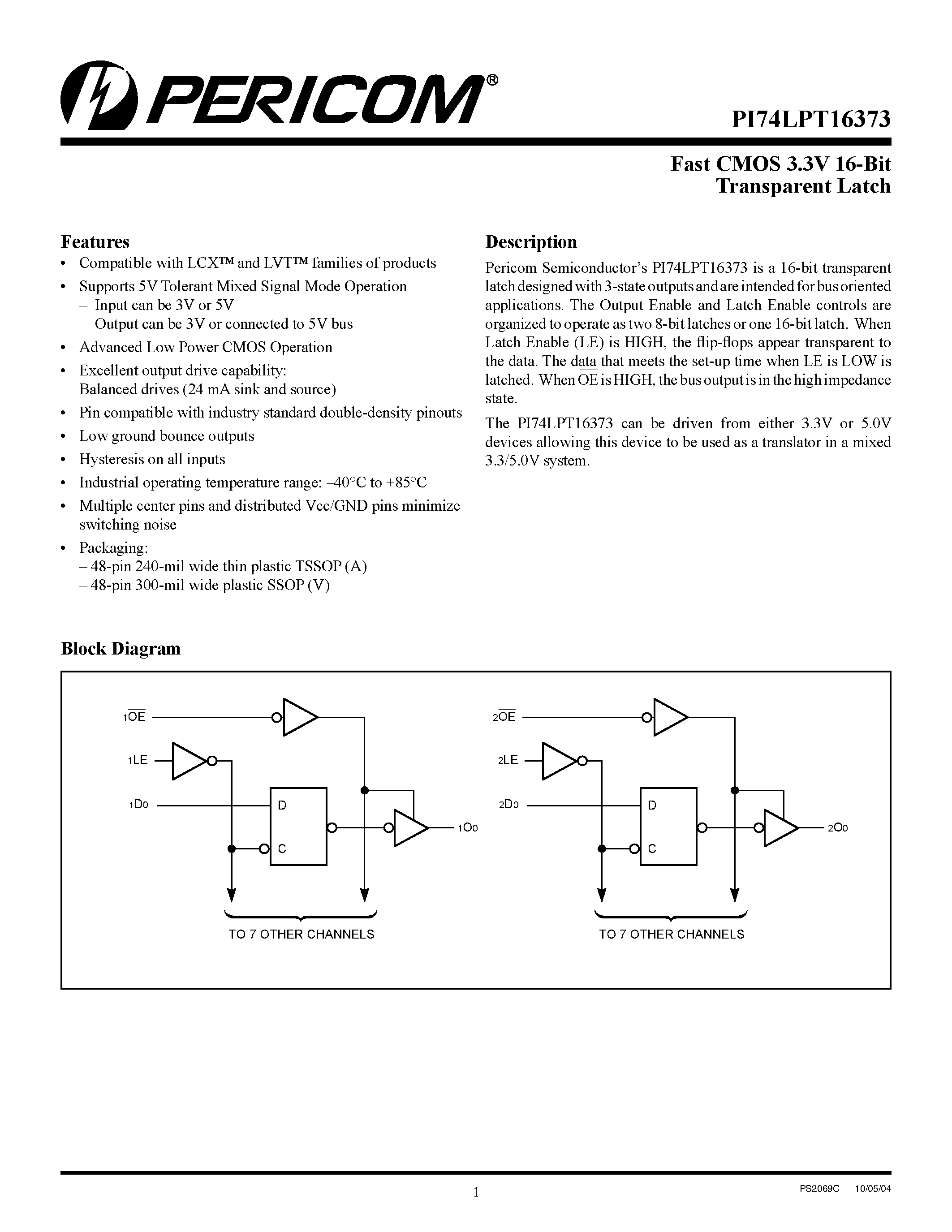 Datasheet P174LPTI6373 page 1 Datasheet P174LPTI6373 - Fast CMOS 3.3V 16-BitTransparent Latch page 1