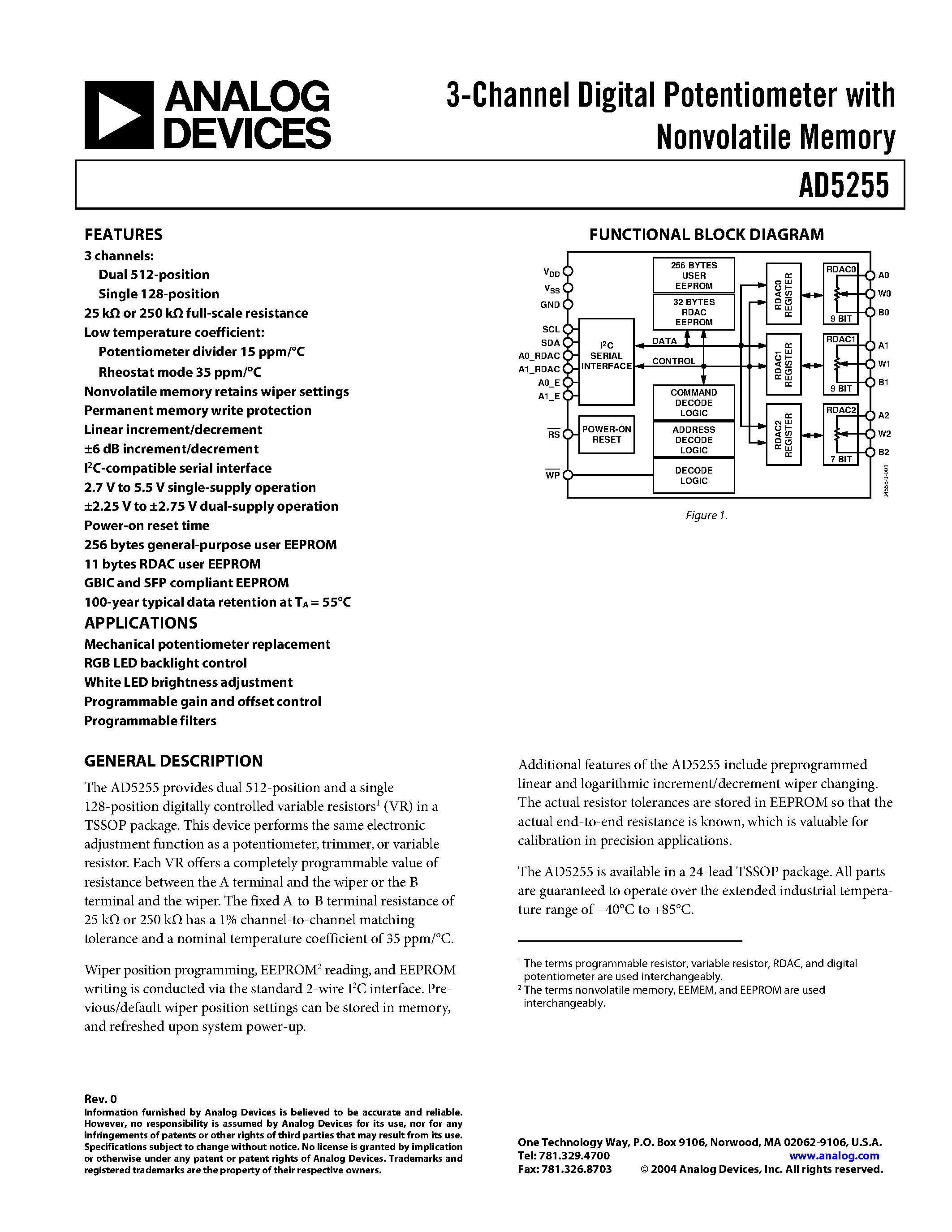 Datasheet AD5255 - 3-Channel Digital Potentiometer with Nonvolatile Memory page 1