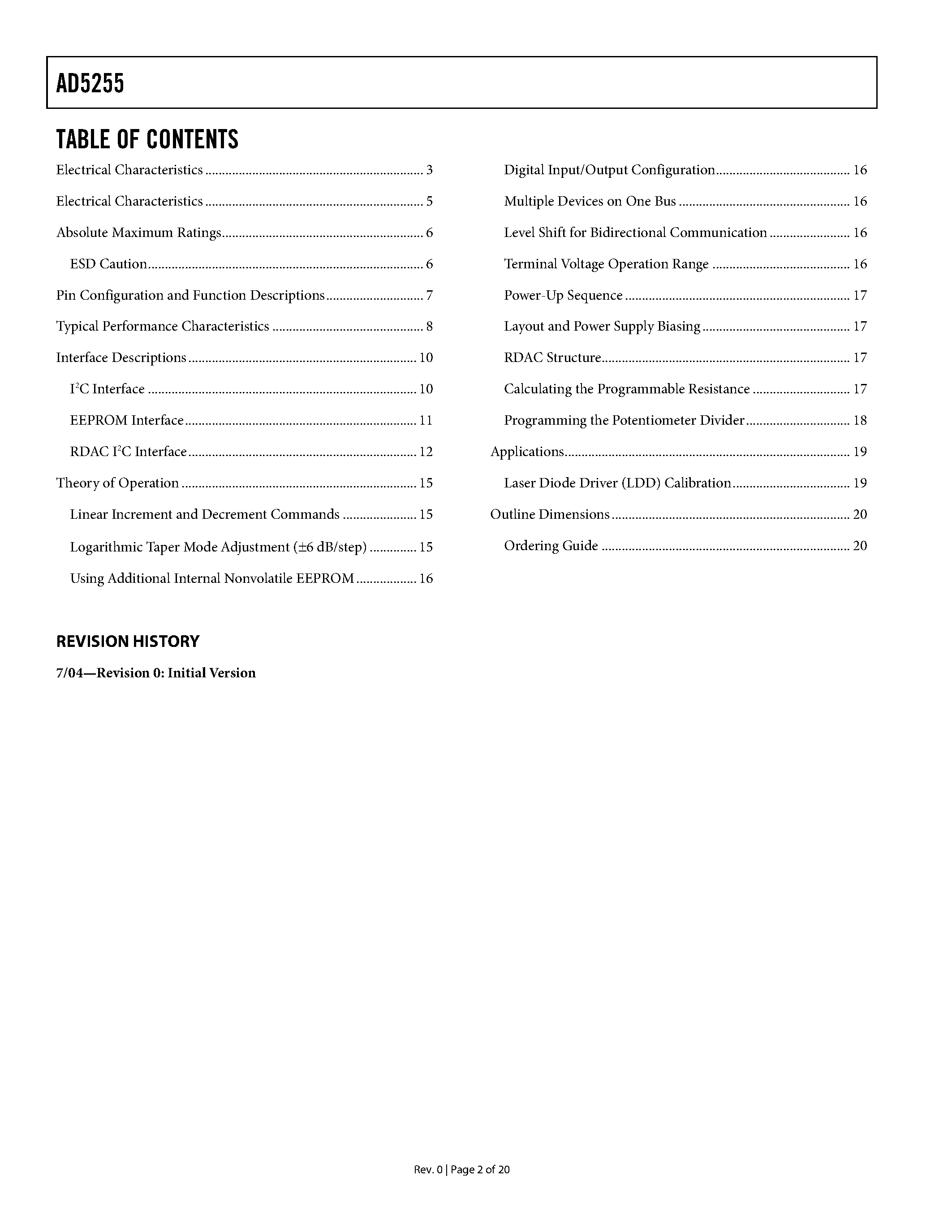 Datasheet AD5255 - 3-Channel Digital Potentiometer with Nonvolatile Memory page 2