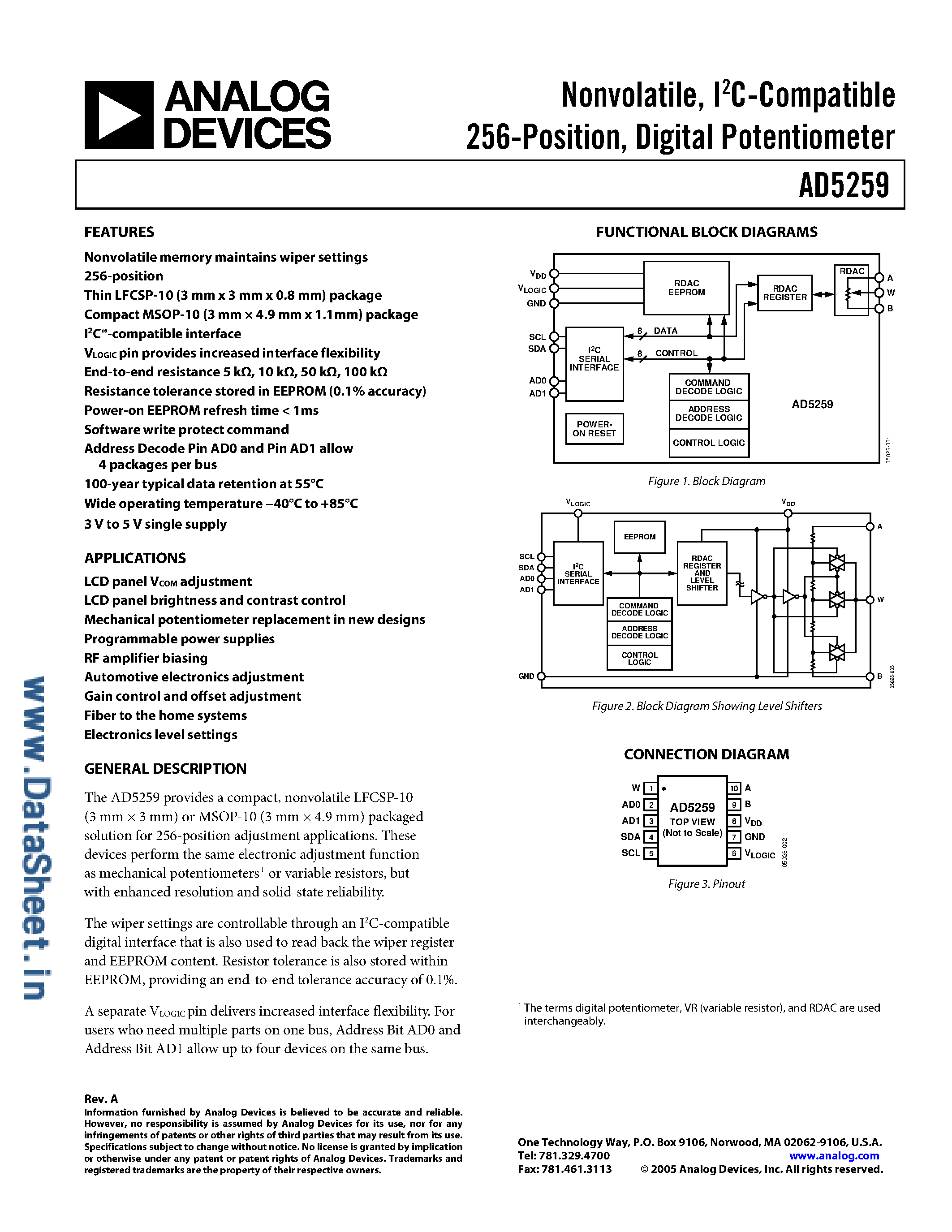 Datasheet AD5259 - 256-Position Digital Potentiometer page 1