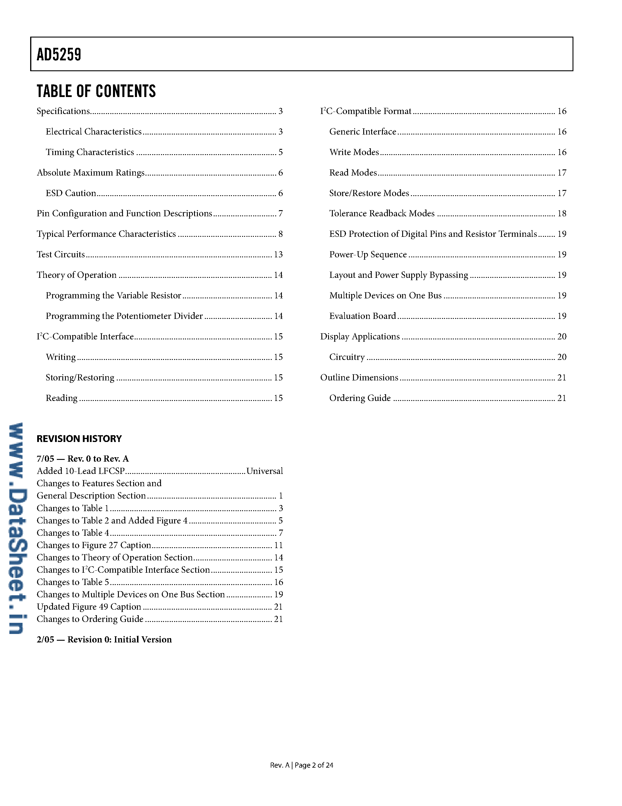 Datasheet AD5259 - 256-Position Digital Potentiometer page 2