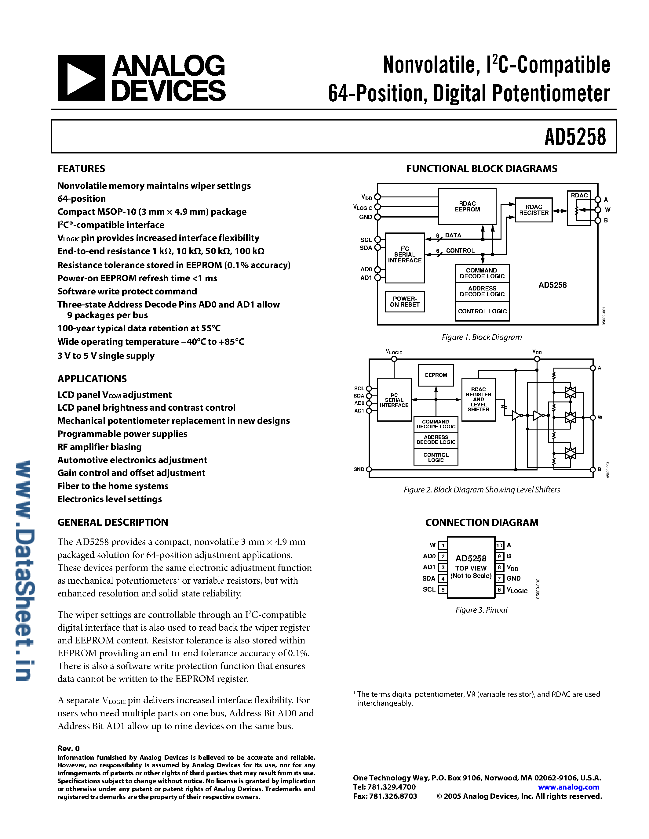 Datasheet AD5258 - 64-Position Digital Potentiometer page 1