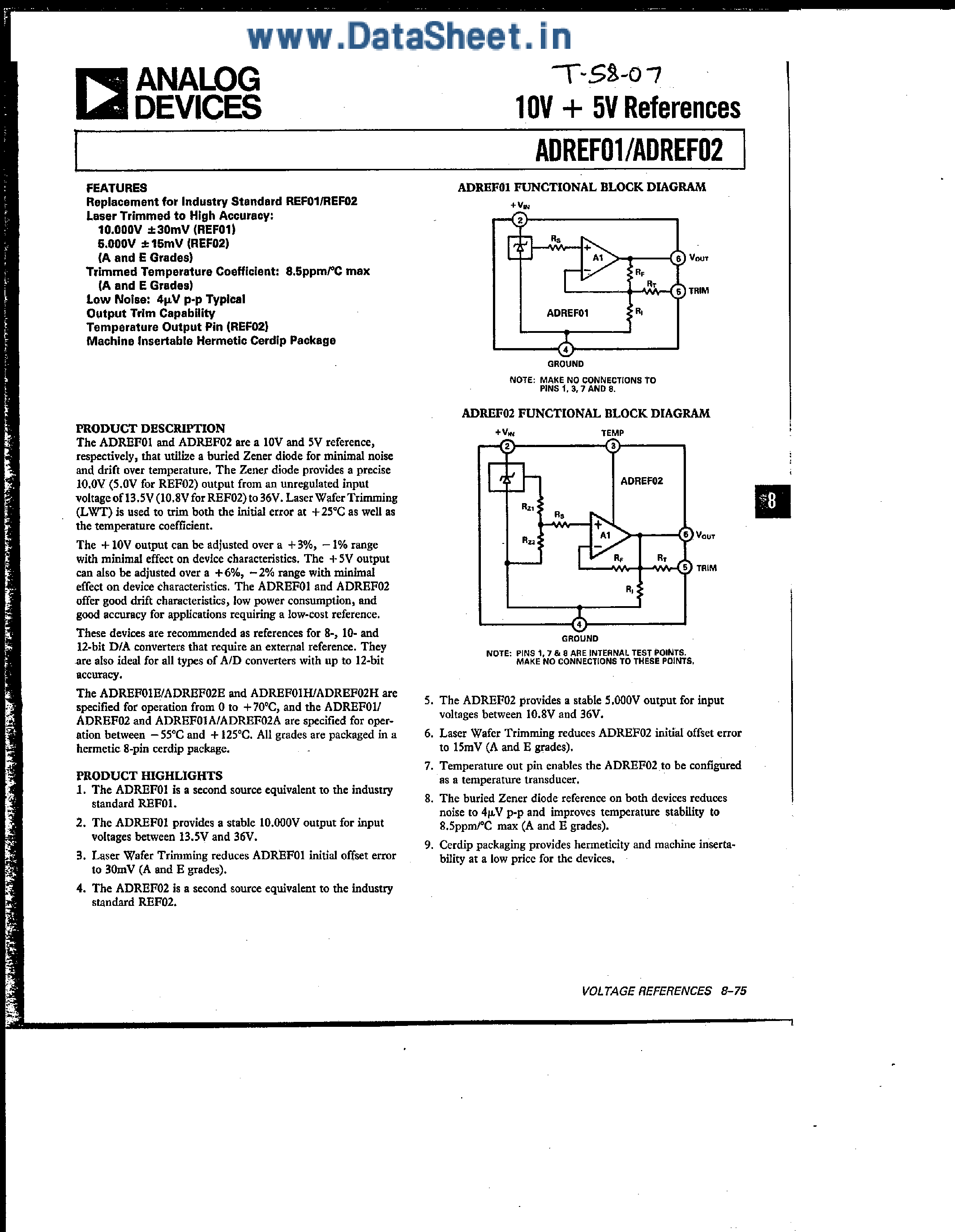 Datasheet ADREF01 - (ADREF01 / ADREF02) 10 + 5 Volt Reference page 1