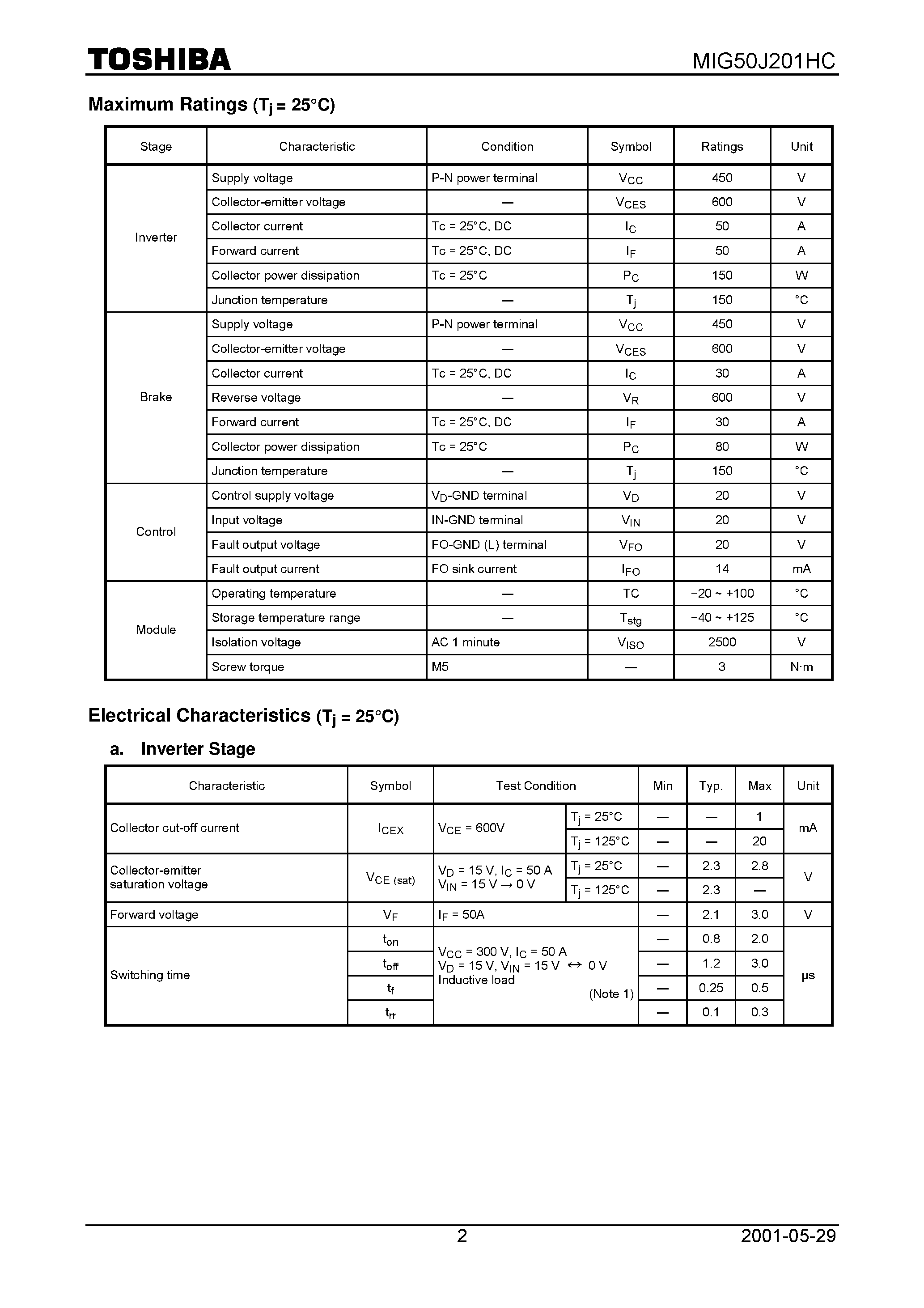 Datasheet MIG50J201HC page 2 Datasheet MIG50J201HC - High Power Switching Applications Motor Control Applications page 2