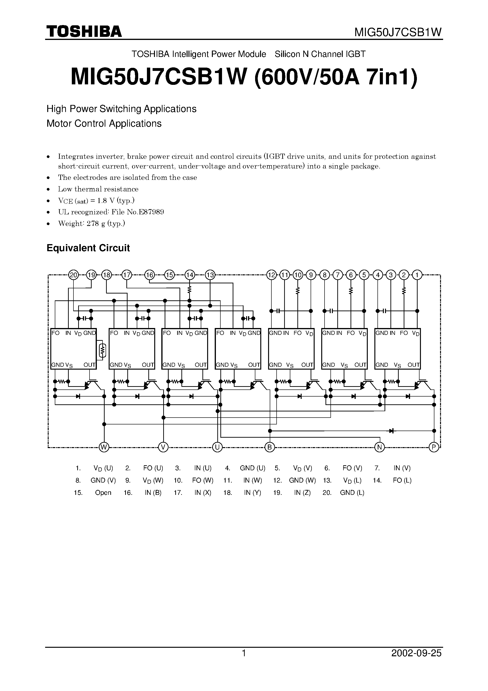 Datasheet MIG50J7CSB1W - TOSHIBA Intelligent Power Module Silicon N Channel IGBT page 1