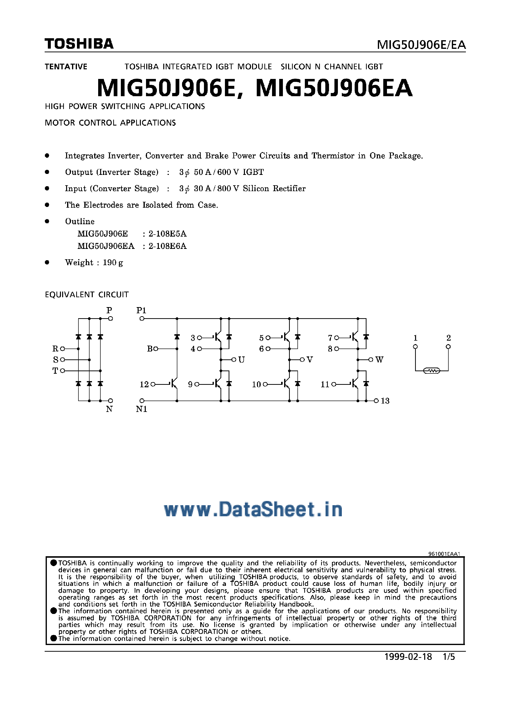 Datasheet MIG50J906E - Integrated IGBT Module Silicon N-Channel IGBT page 1