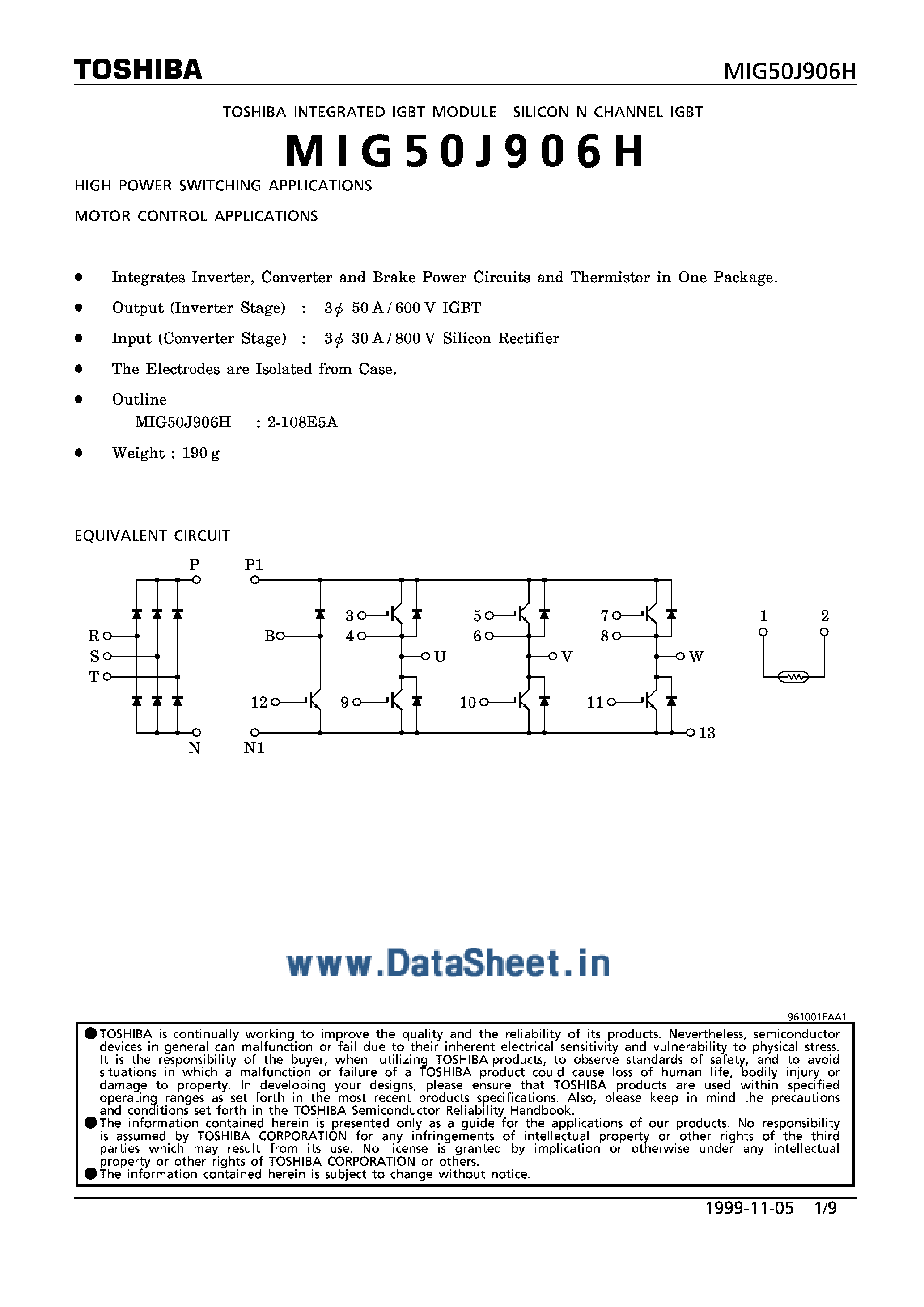 Datasheet MIG50J906H - Integrated IGBT Module Silicon N-Channel IGBT page 1
