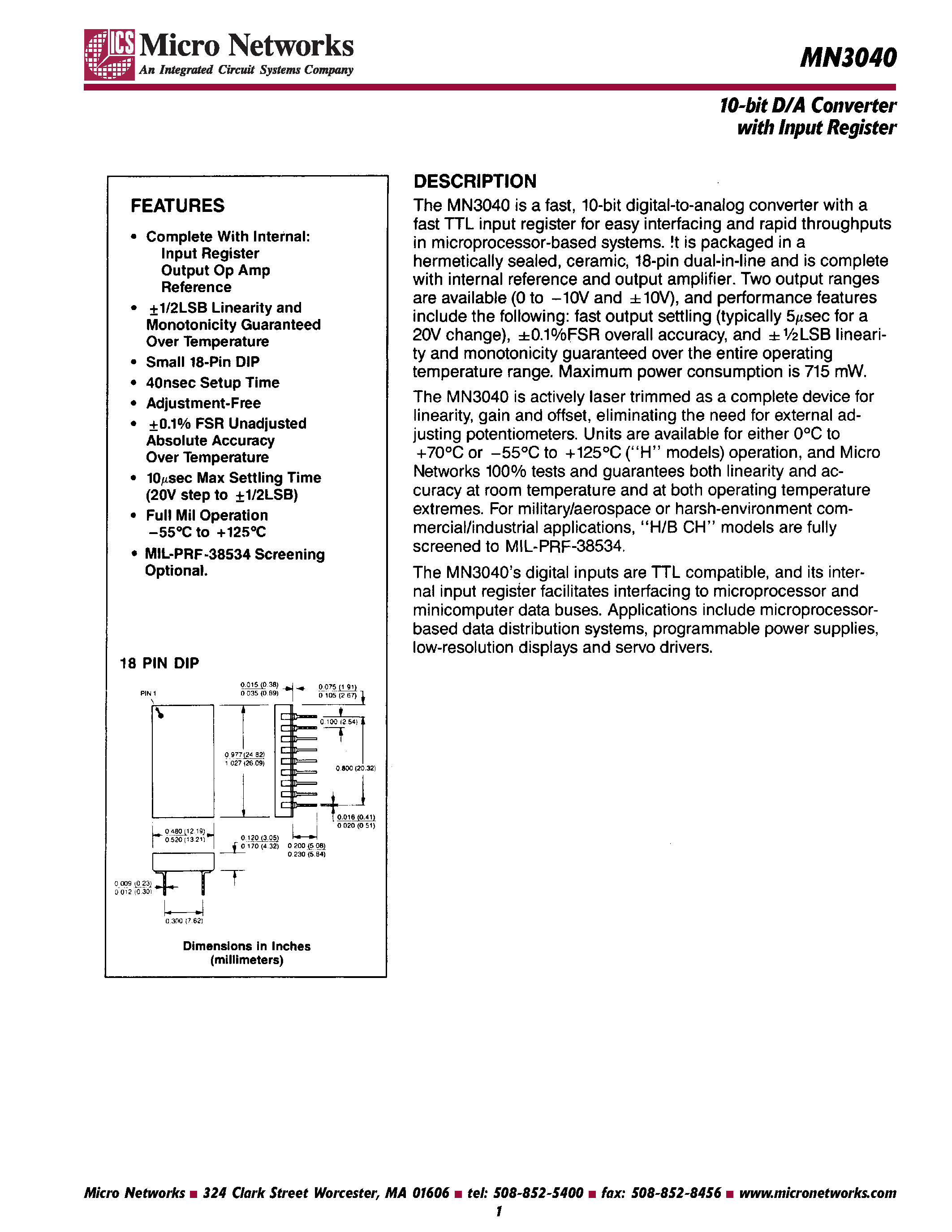Даташит MN3040 - 10-bit D/A Converter with Input Register страница 1