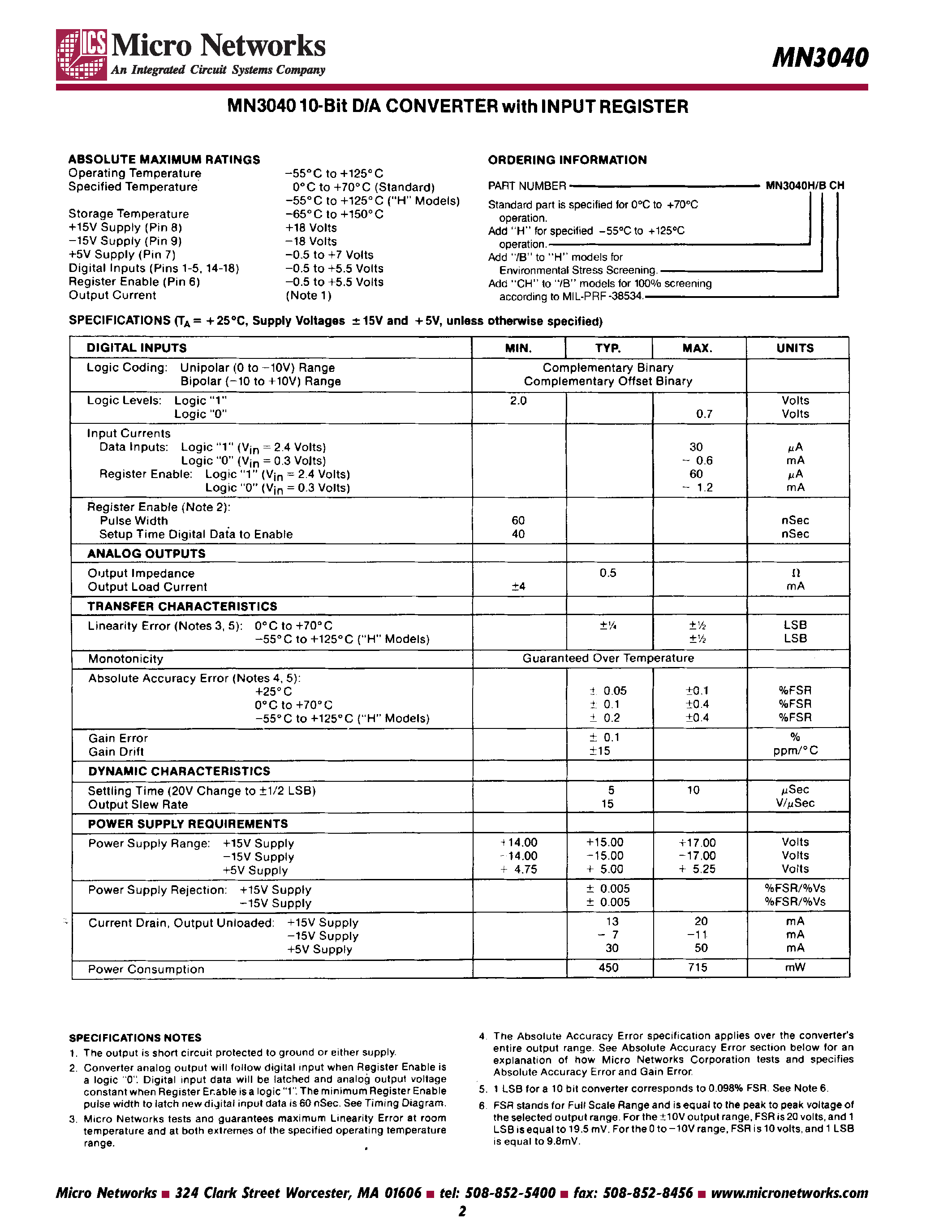 Даташит MN3040 - 10-bit D/A Converter with Input Register страница 2
