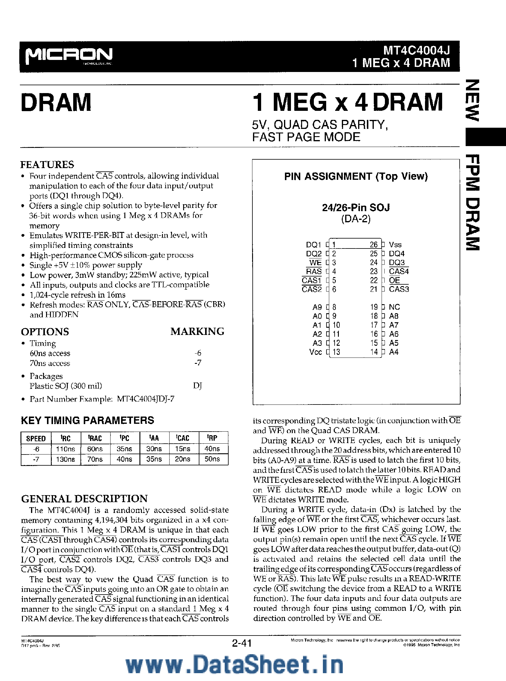 Datasheet MT4C4004J page 1 Datasheet MT4C4004J - 1M x 4 DRAM page 1