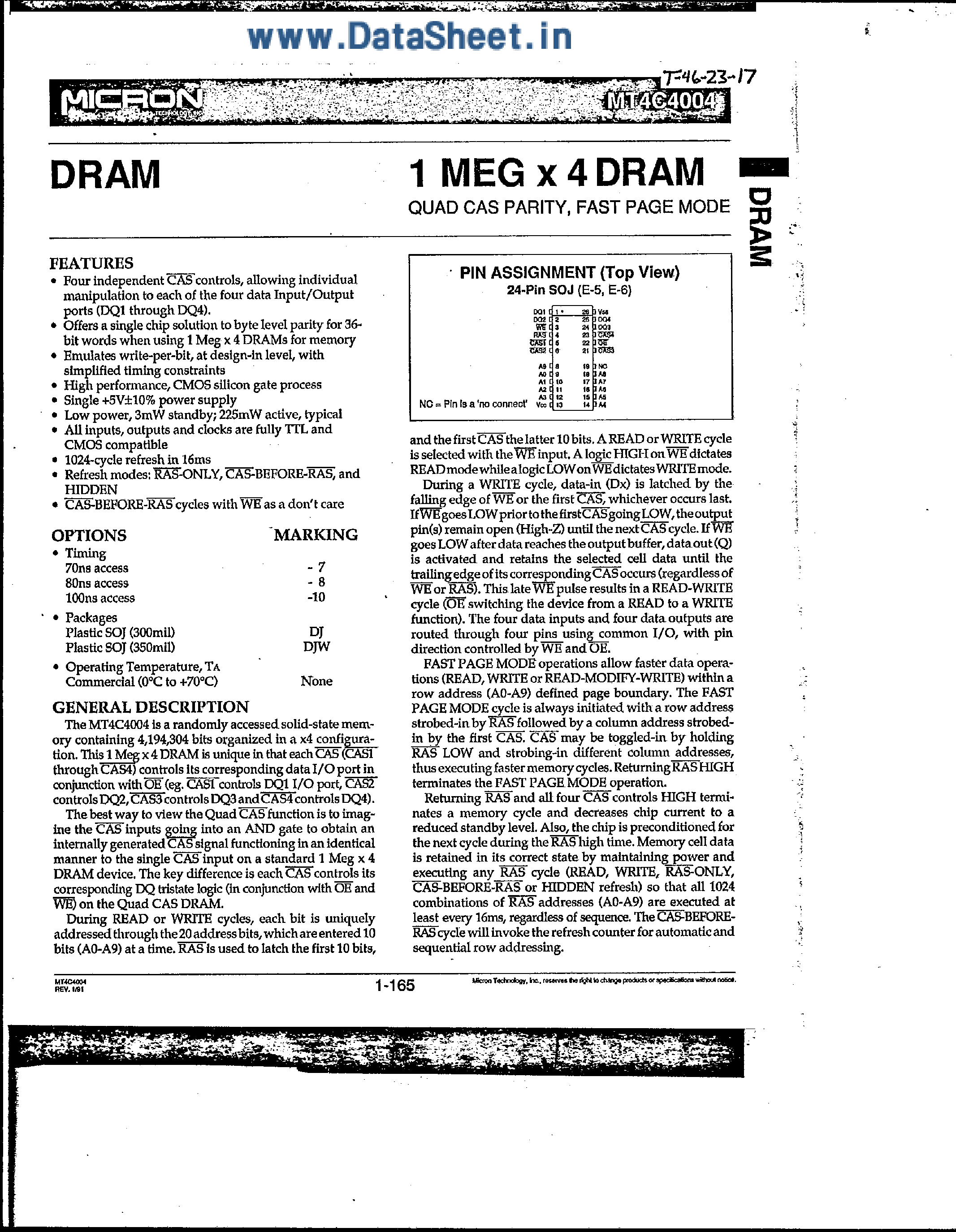 Datasheet MT4C4004 - 1M x 4 DRAM page 1