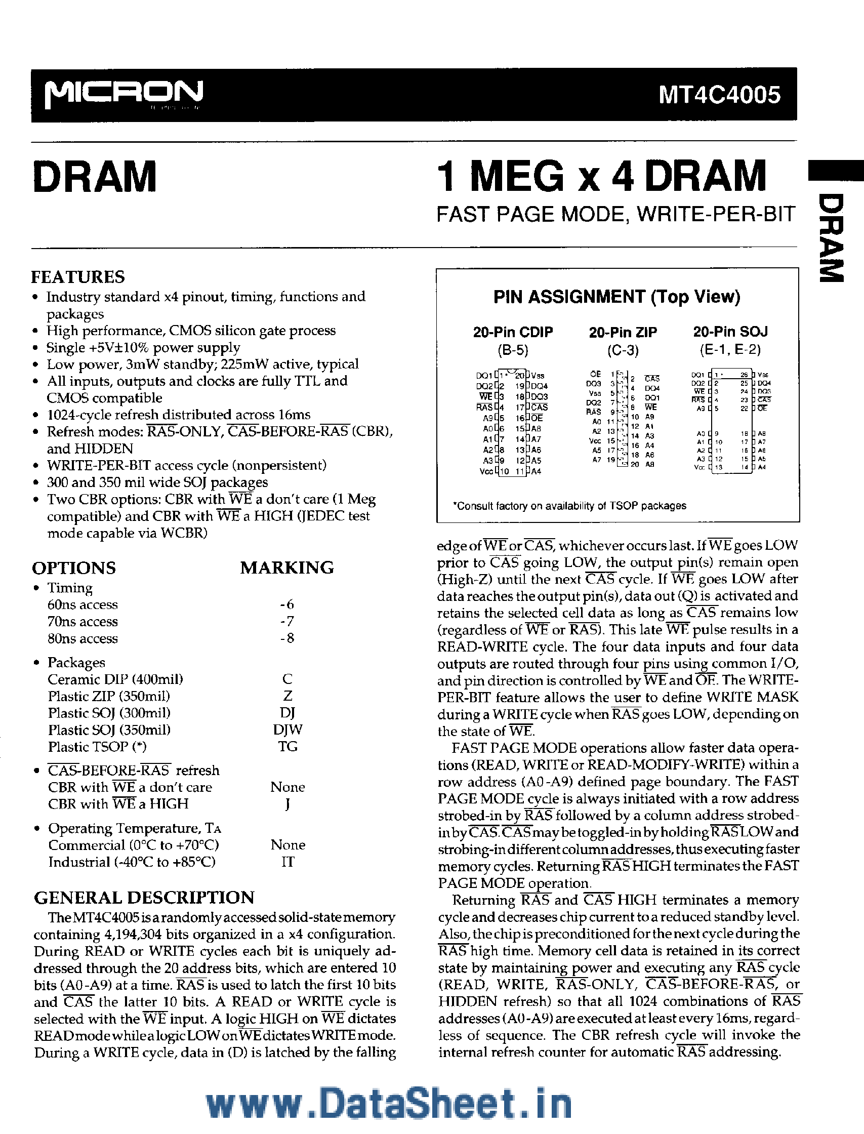 Datasheet MT4C4005 - 1M x 4 DRAM page 1