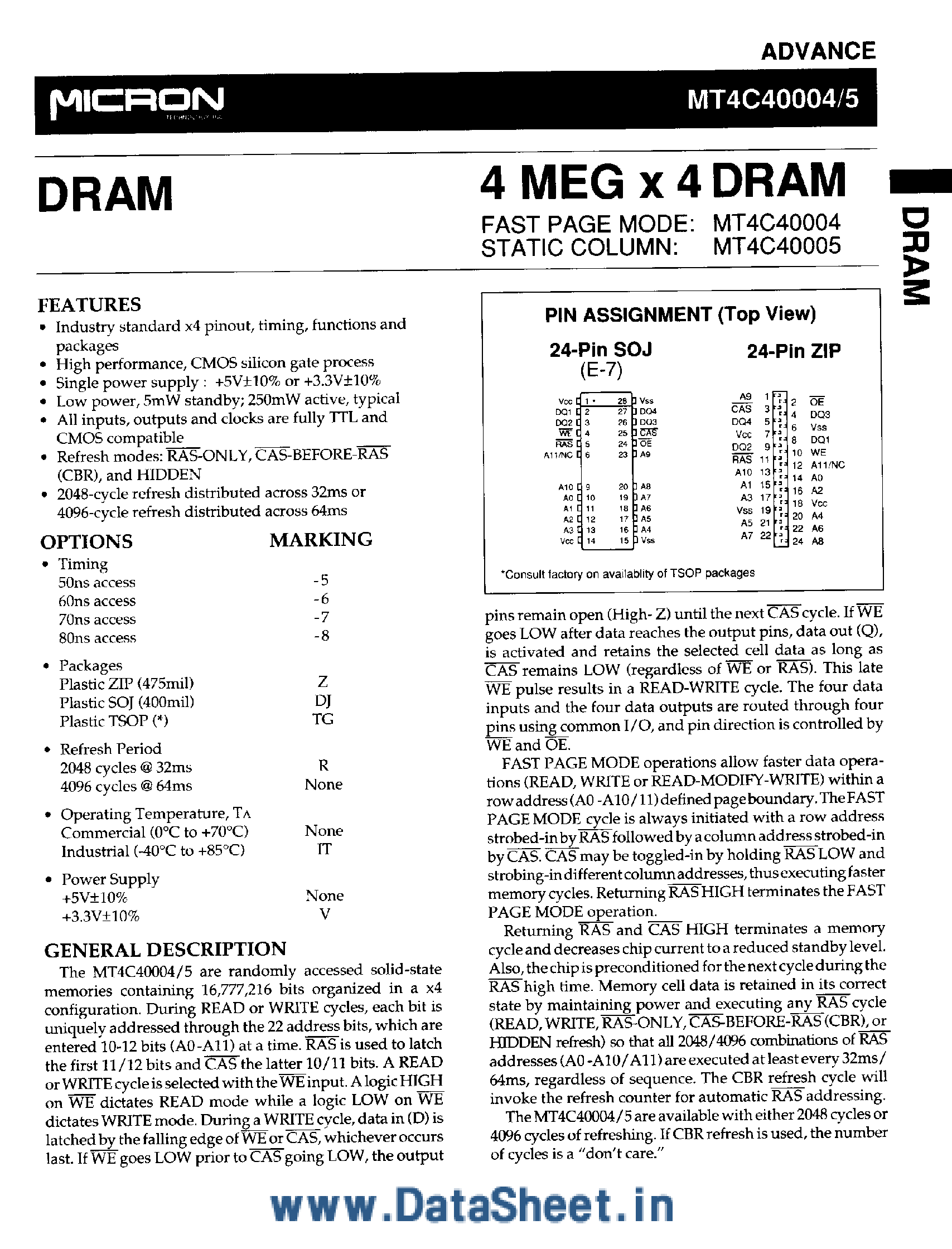 Datasheet MT4C40004 - (MT4C40004 / MT4C40005) 4M x 4 DRAM page 1