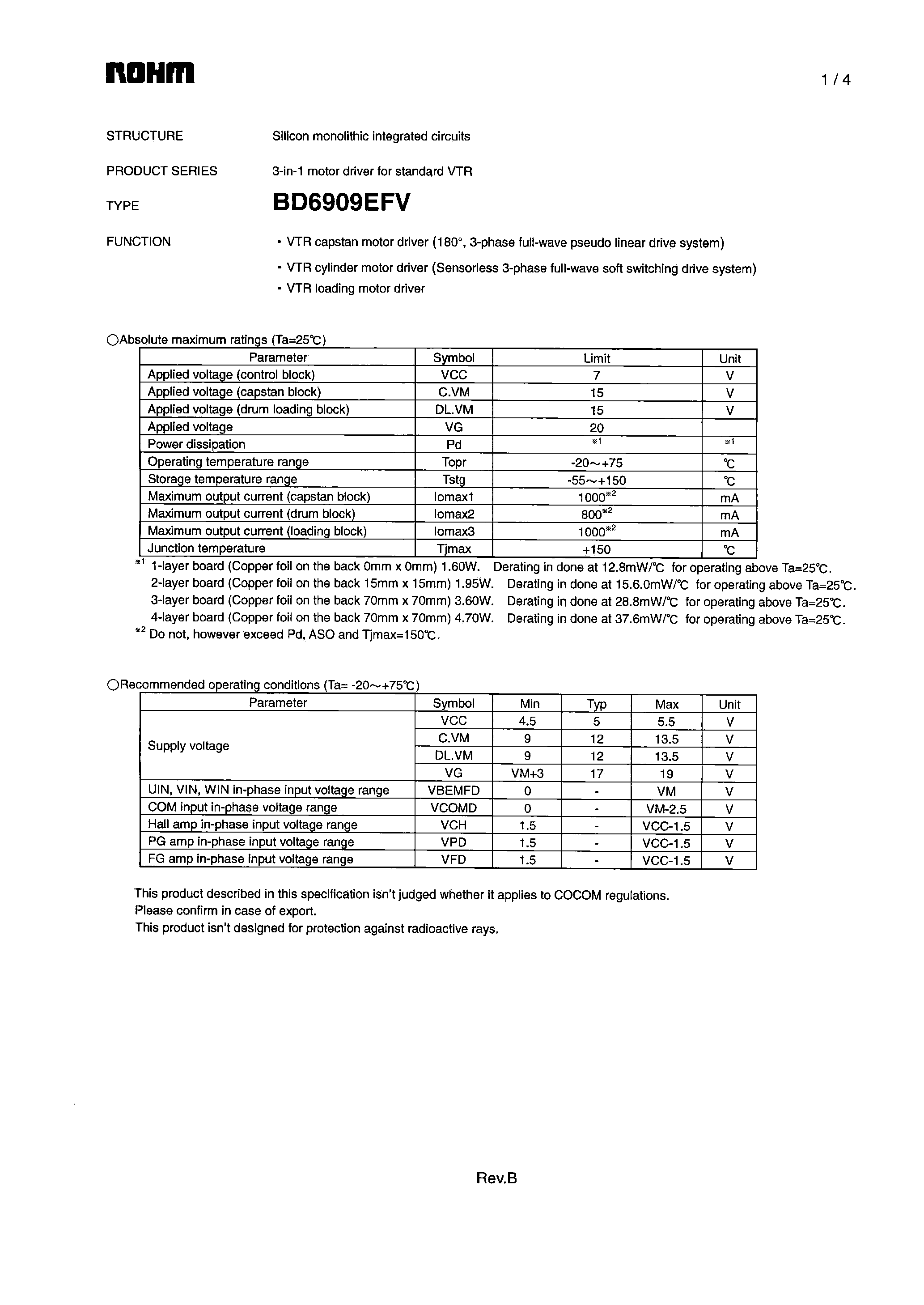 Datasheet BD6909EFV - 3-in-1 Motor Driver for VTR page 1