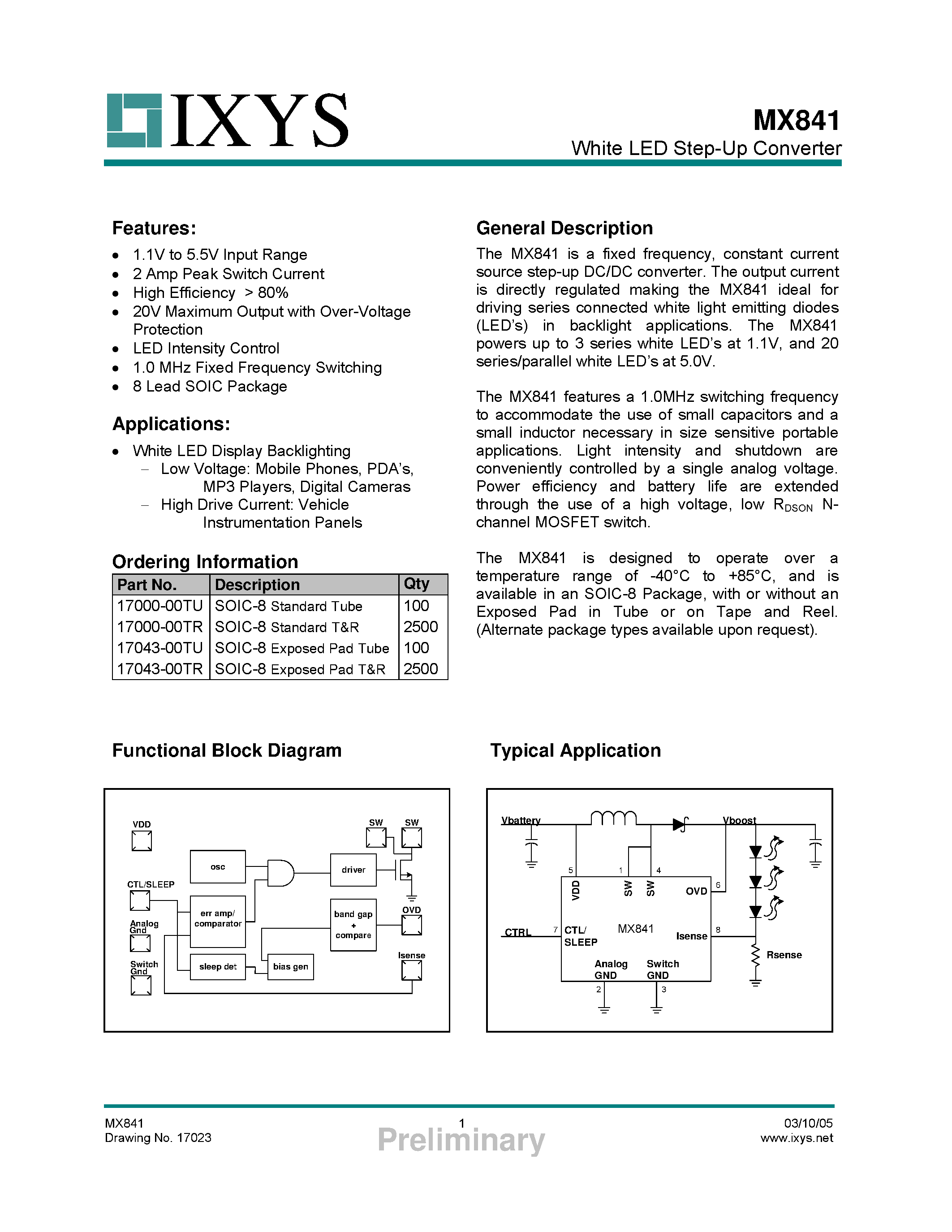 Datasheet MX841 - White LED Step-Up Converter page 1