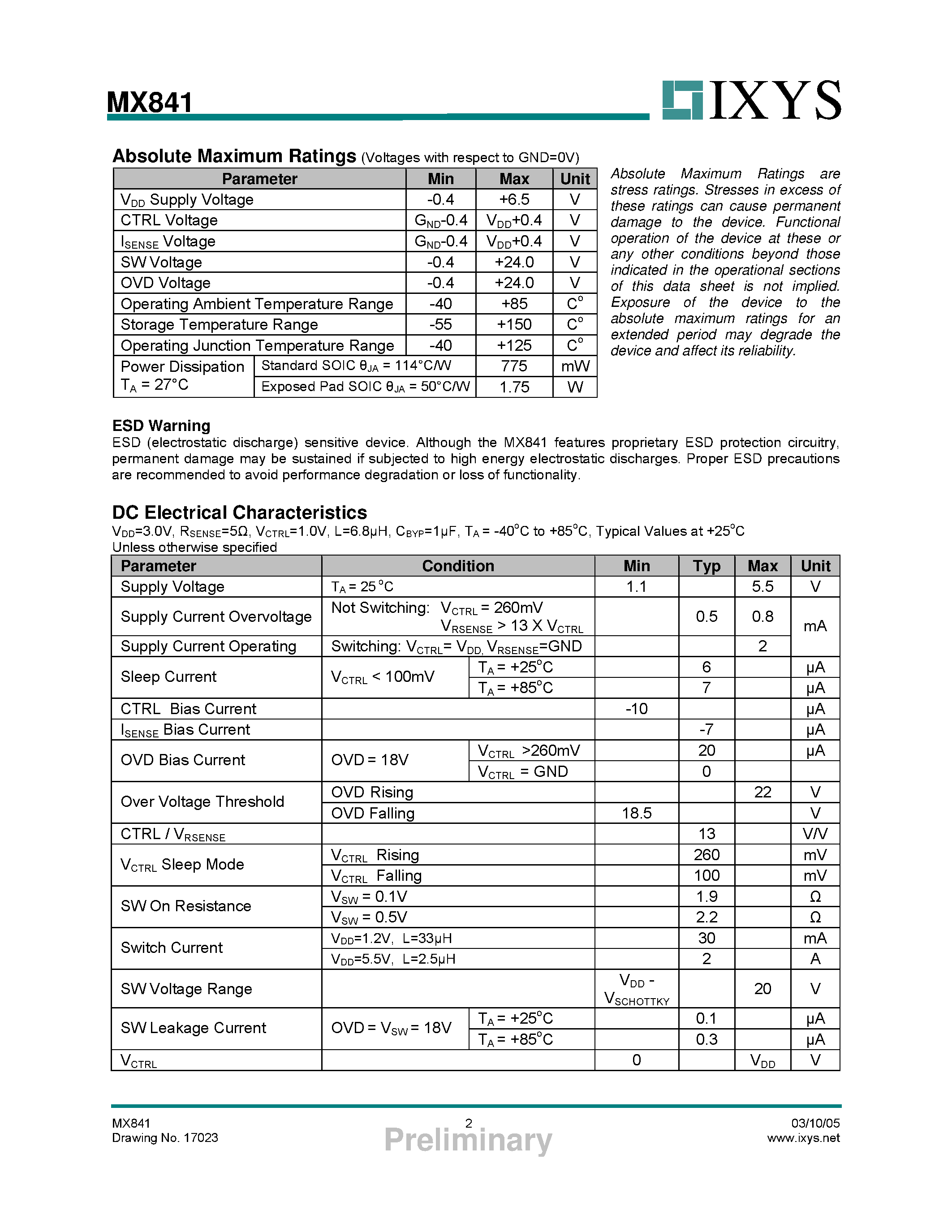 Datasheet MX841 - White LED Step-Up Converter page 2