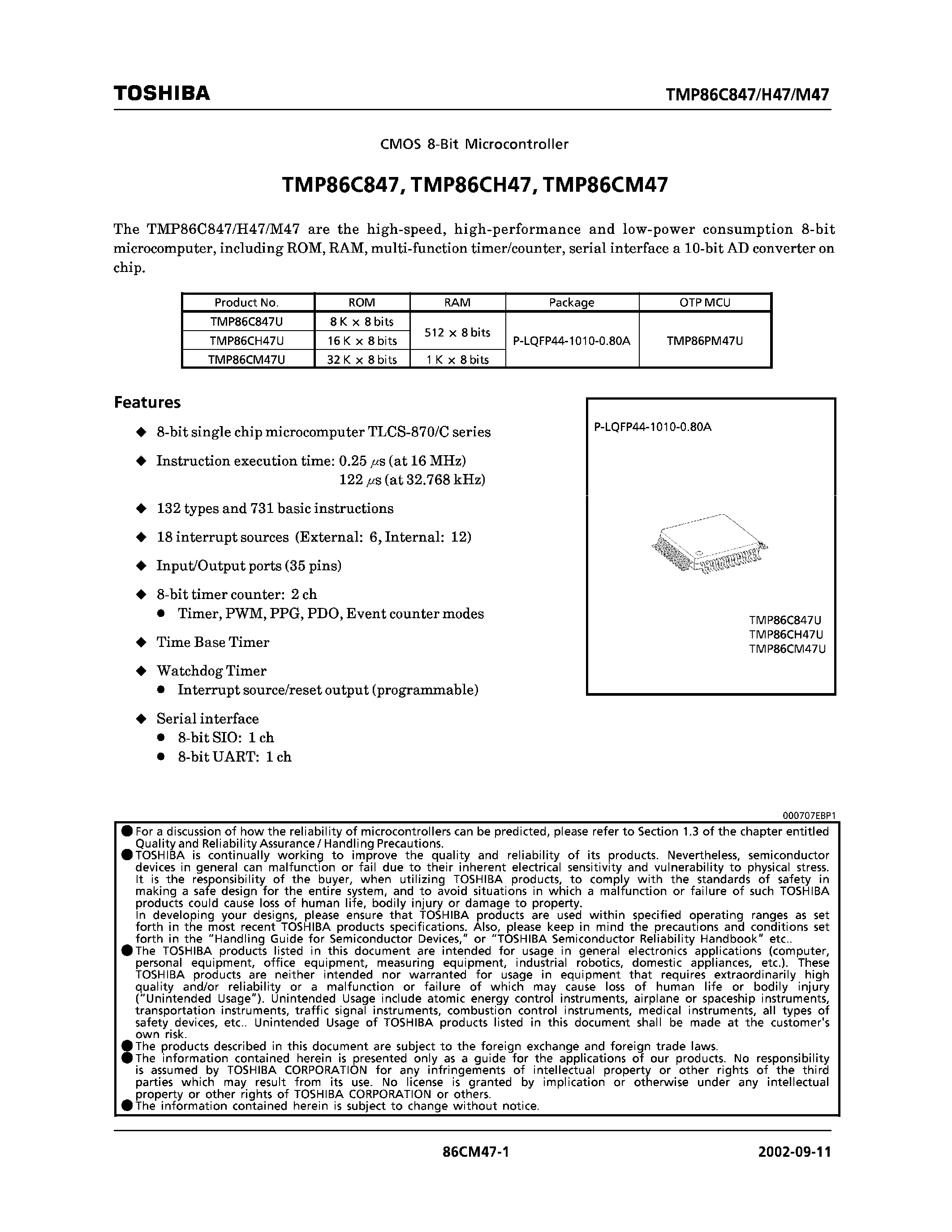 Datasheet TMP86C847 - CMOS 8 BIT MICROCONTROLLER page 1