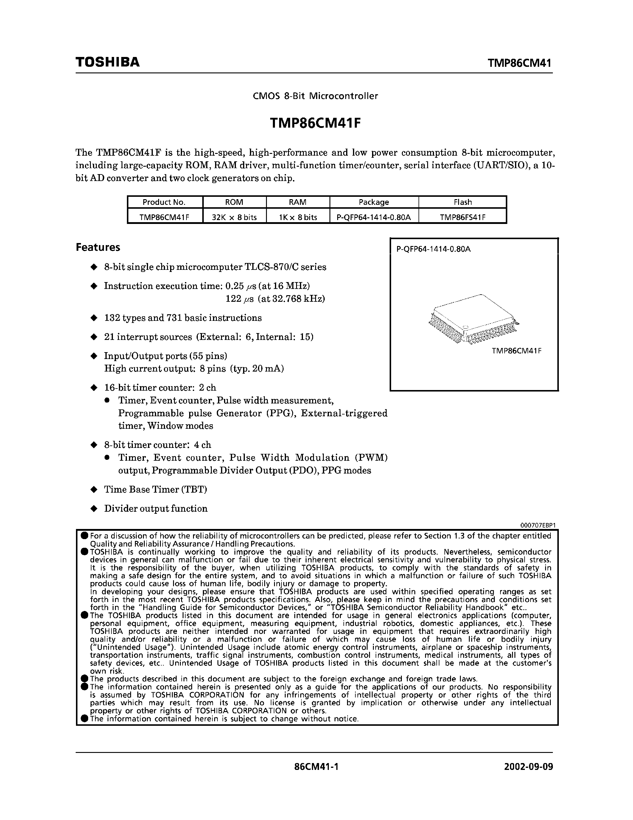 Даташит TMP86CM41F - CMOS 8 BIT MICROCONTROLLER страница 1