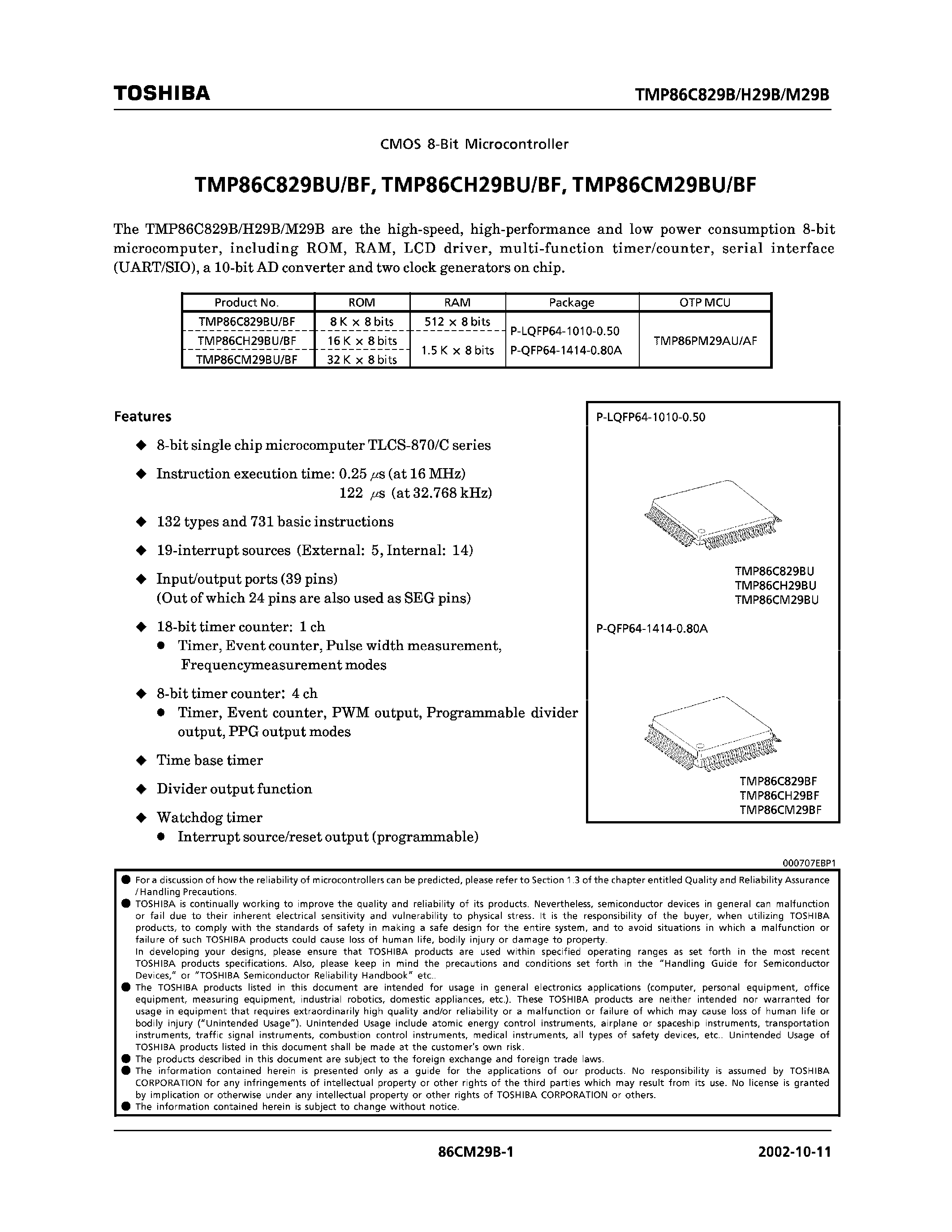 Даташит TMP86C829BF - CMOS 8 BIT MICROCONTROLLER страница 1