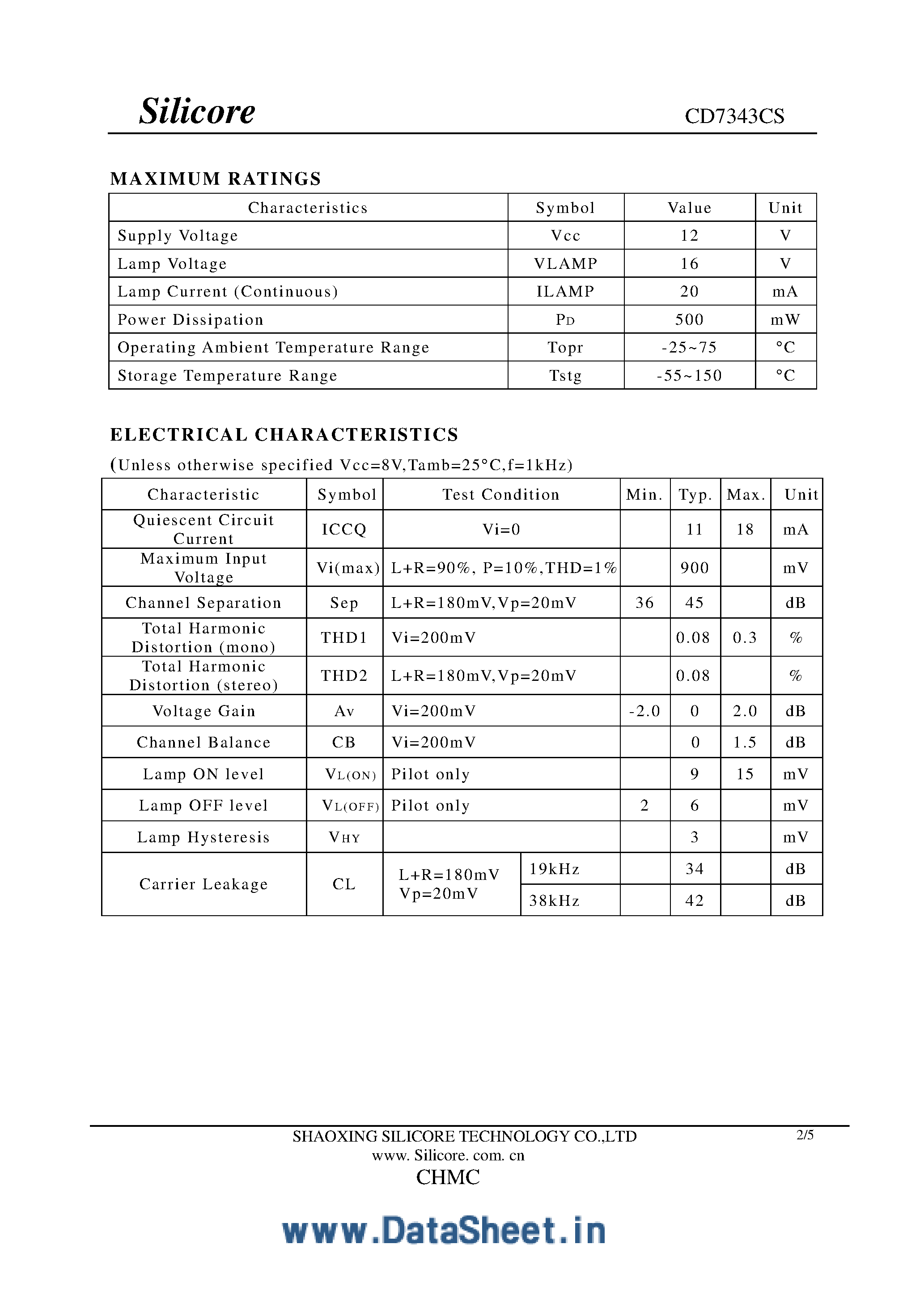 Даташит CD7343CS - FM Stereo Multiplex Decoder страница 2