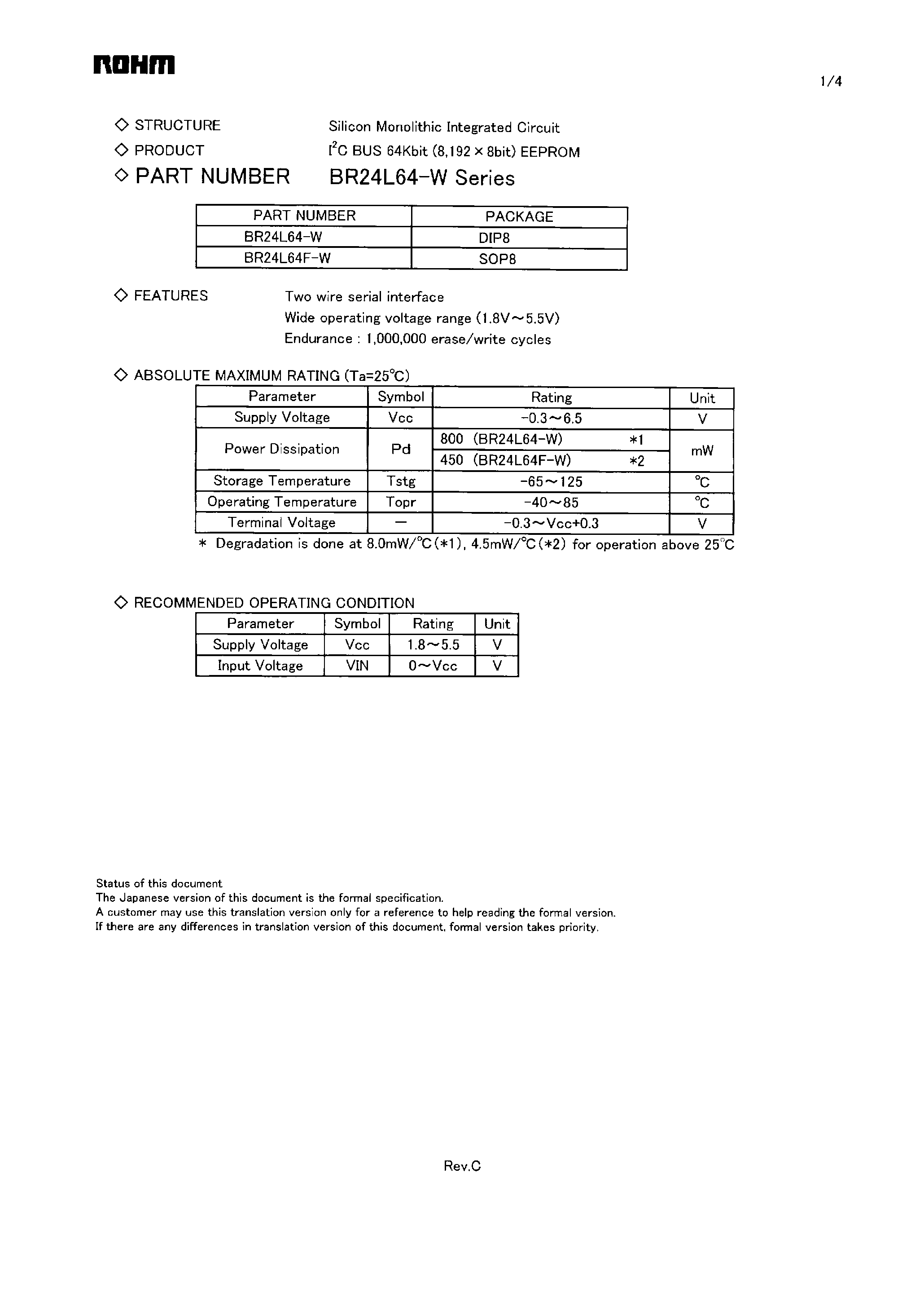Datasheet BR24L64-W page 1 Datasheet BR24L64-W - IC BUS 64K-Bit EEPROM page 1