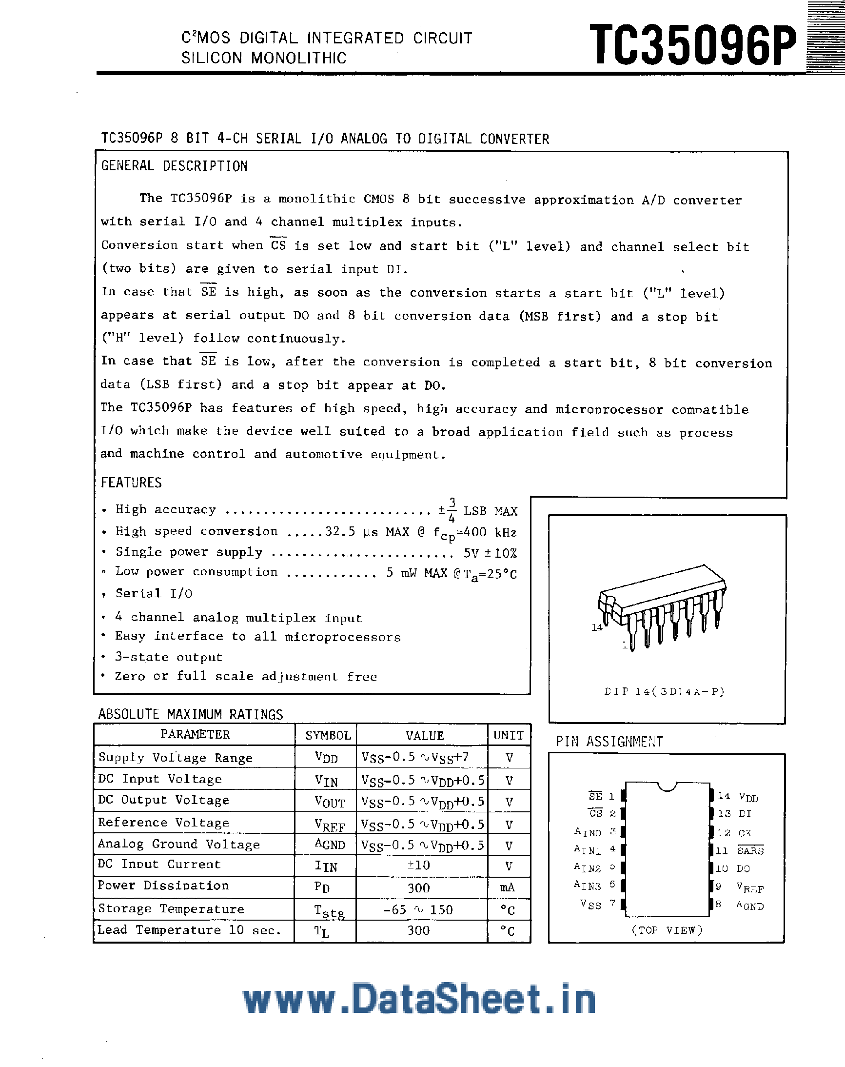 Datasheet TC35096P - 8-Bit 4-Channel Serial I/O Analog to Digital Converter page 1