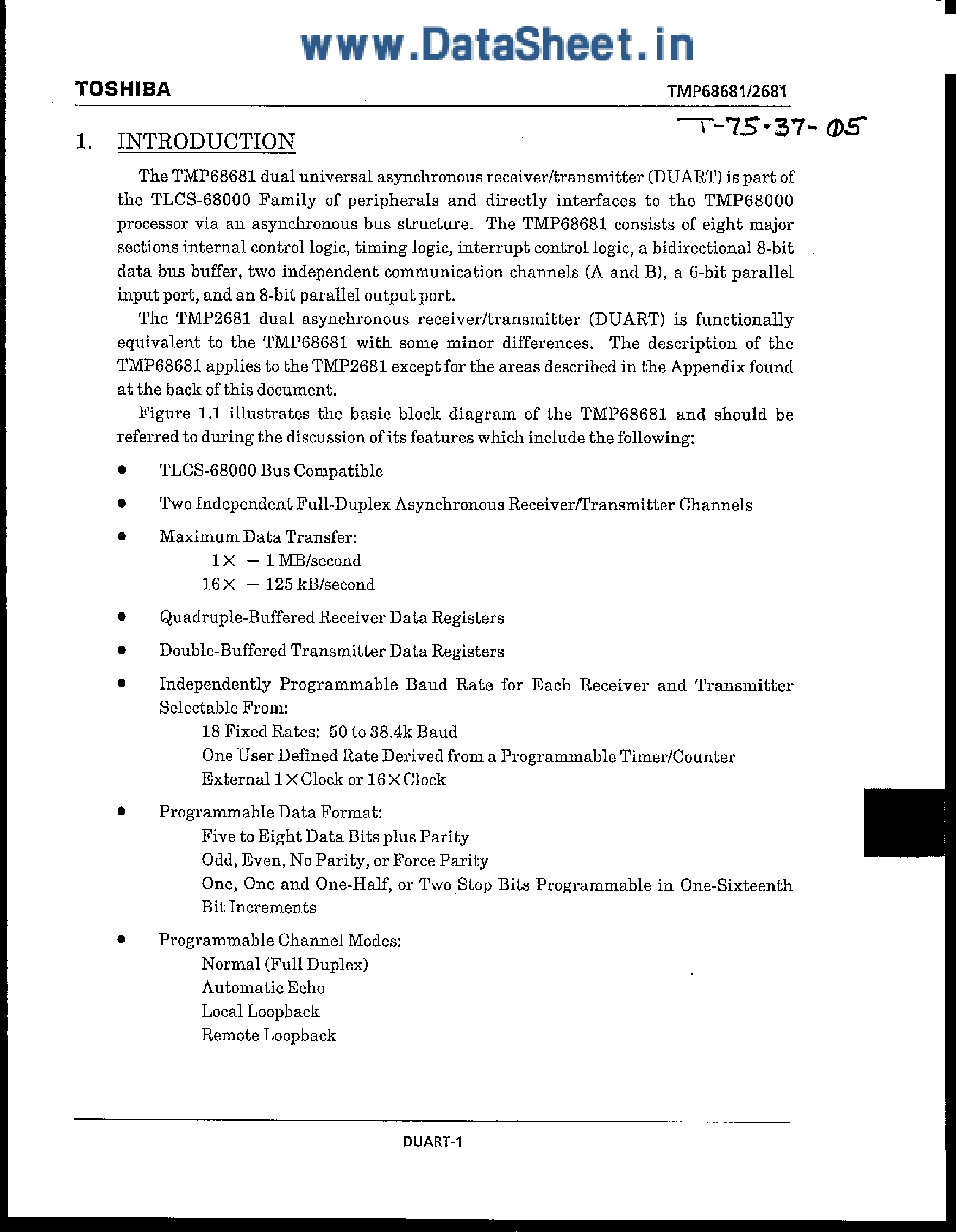 Datasheet TMP62681 page 1 Datasheet TMP62681 - (TMP68681 / TMP62681) Telecommunication IC page 1