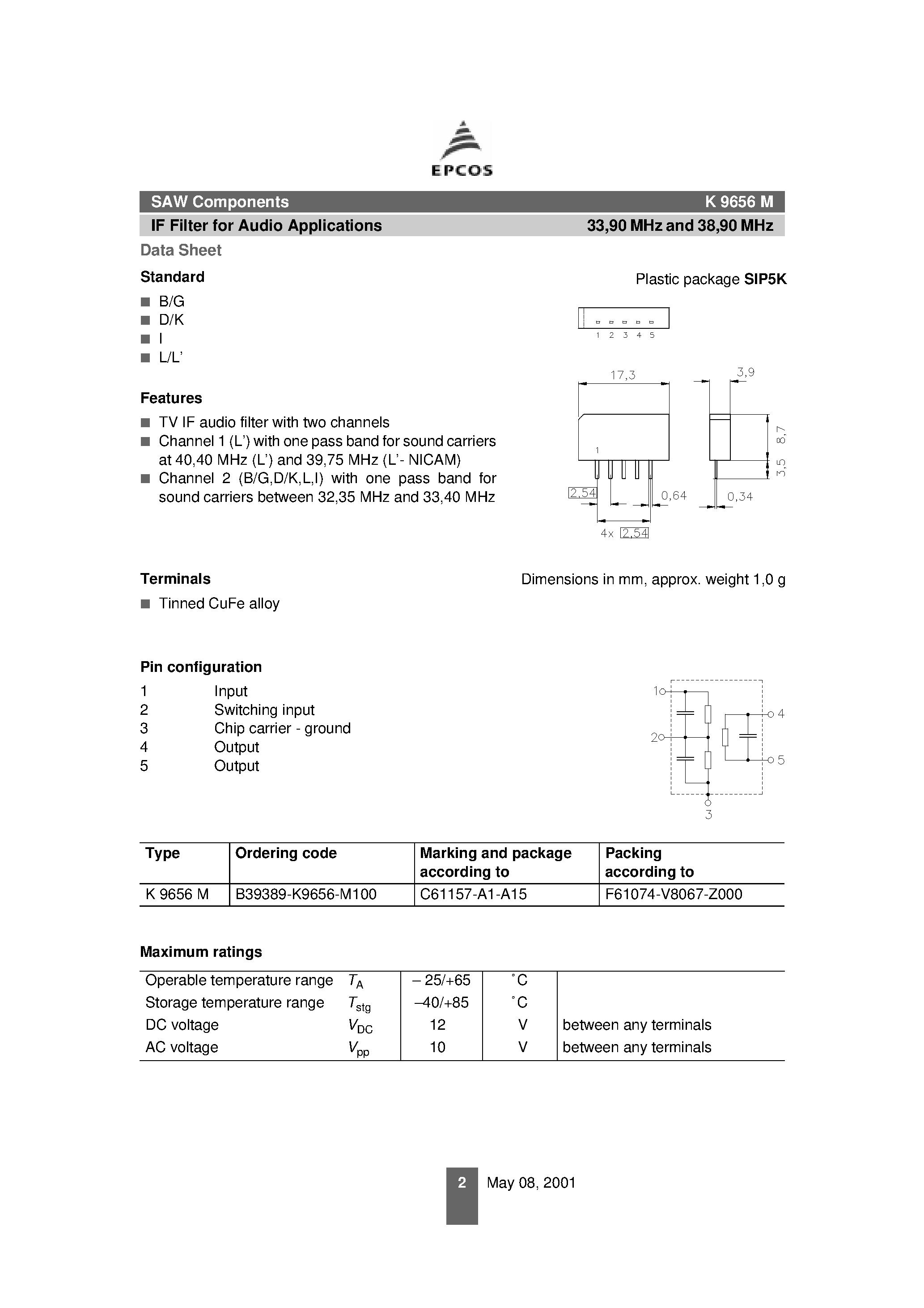 Даташит на микросхему B39389-K9656-M100 страница 2 Даташит B39389-K9656-M100 - IF Filter for Audio Applications страница 2