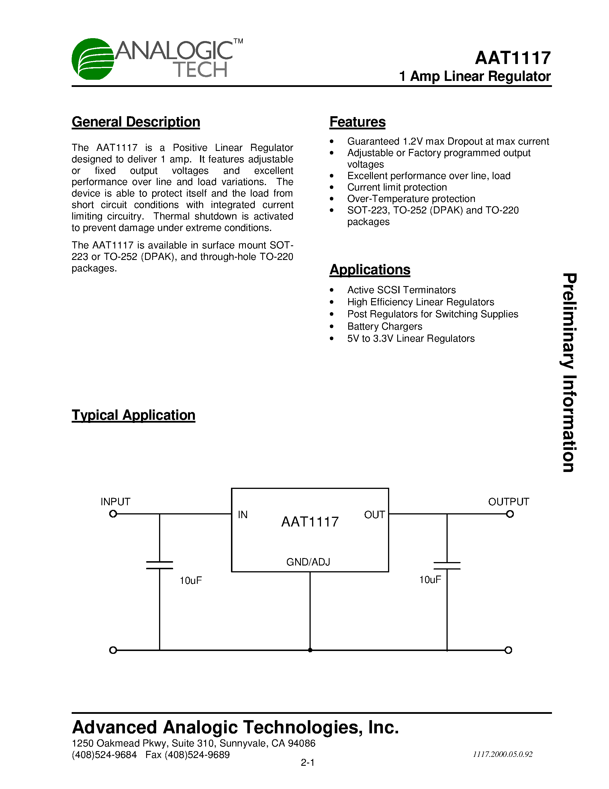 Datasheet AAT1117 - 1 Amp Linear Regulator page 1