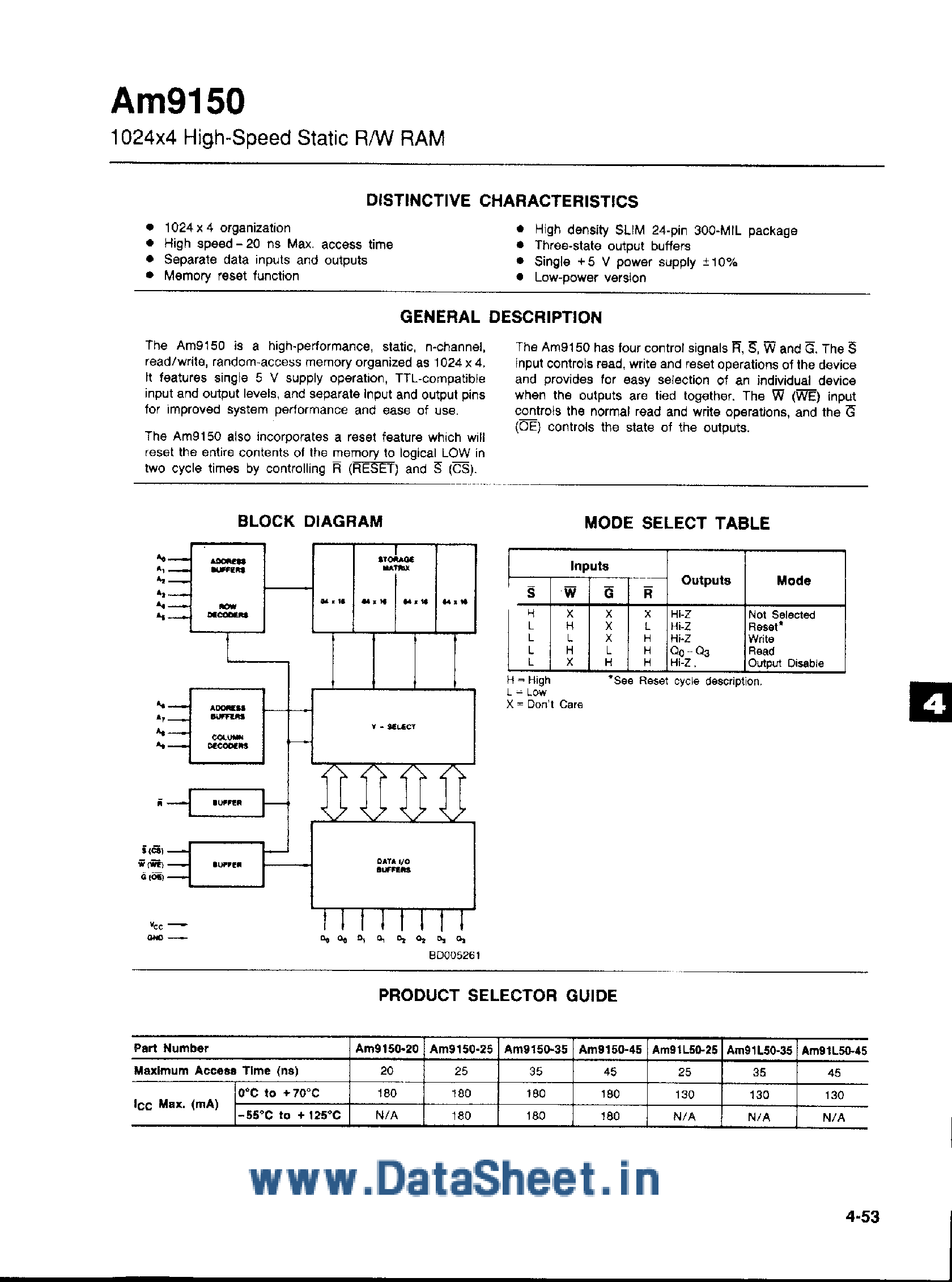 Datasheet AM9150 - 1024 x 4 High Speed Static R/W RAM page 1
