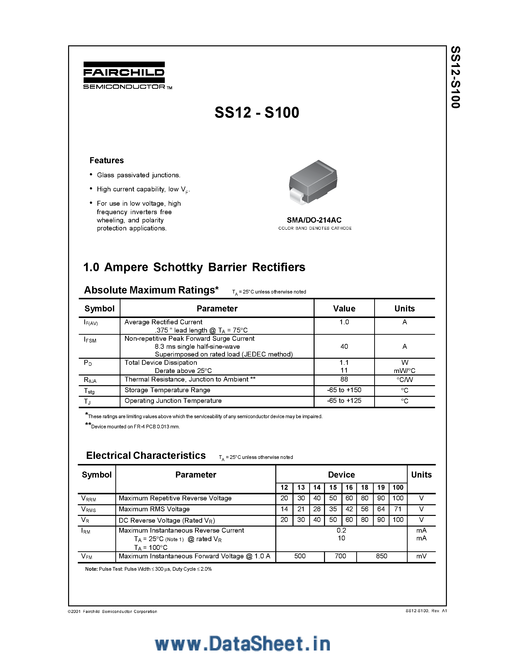 Datasheet SS12 - (SS12 - SS19) 1.0A Schottky Barrier Rectifiers page 1