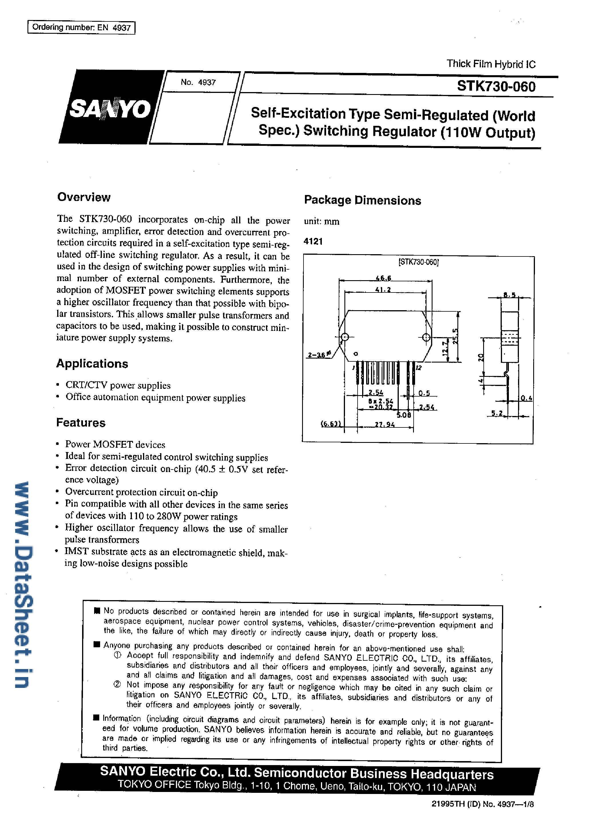 Datasheet STK730-010 - (STK730-010 - STK730-090) Self Excitation Type Semi Regulated Switching Regulator page 1