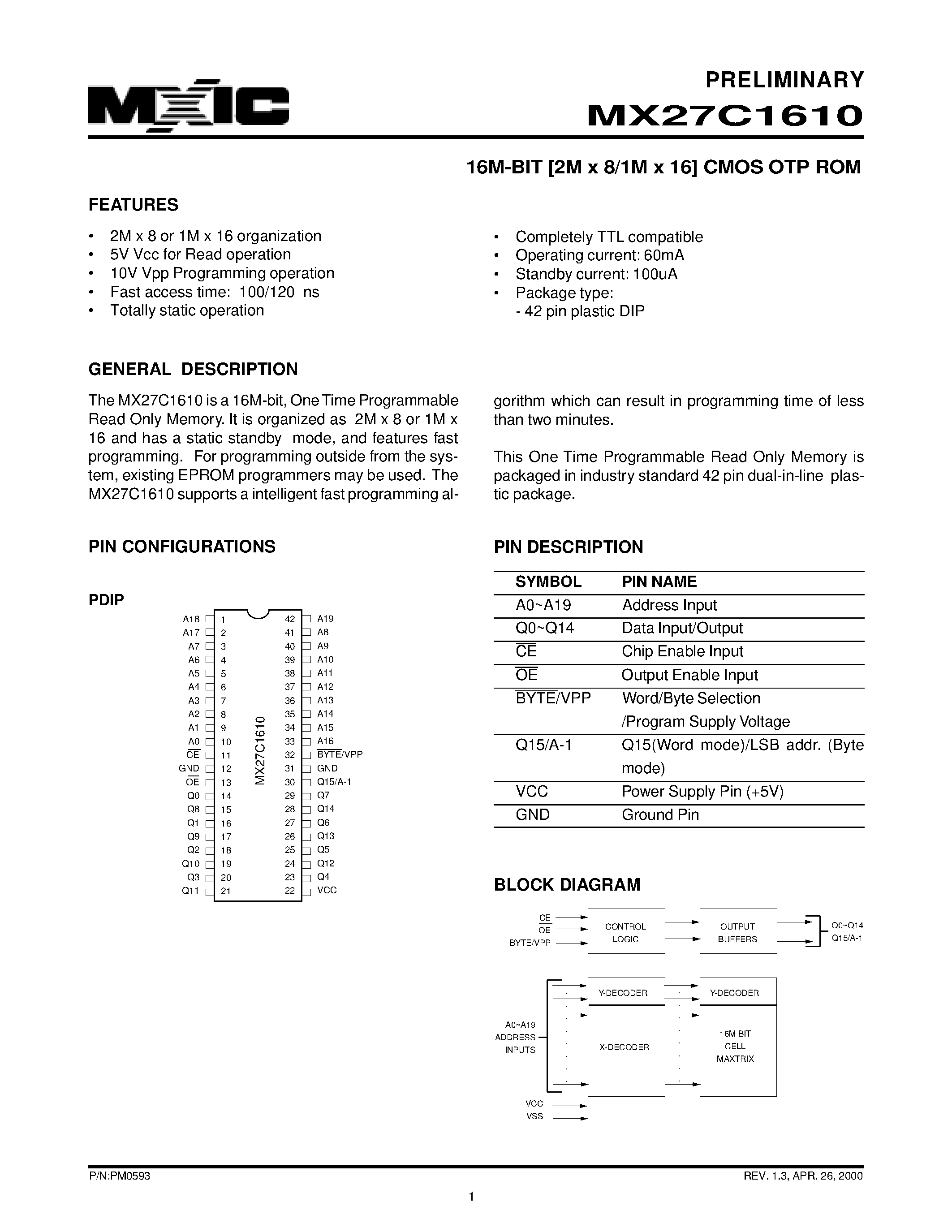 Datasheet MX27C1610 - 16M-BIT [2M x 8/1M x 16] CMOS OTP ROM page 1