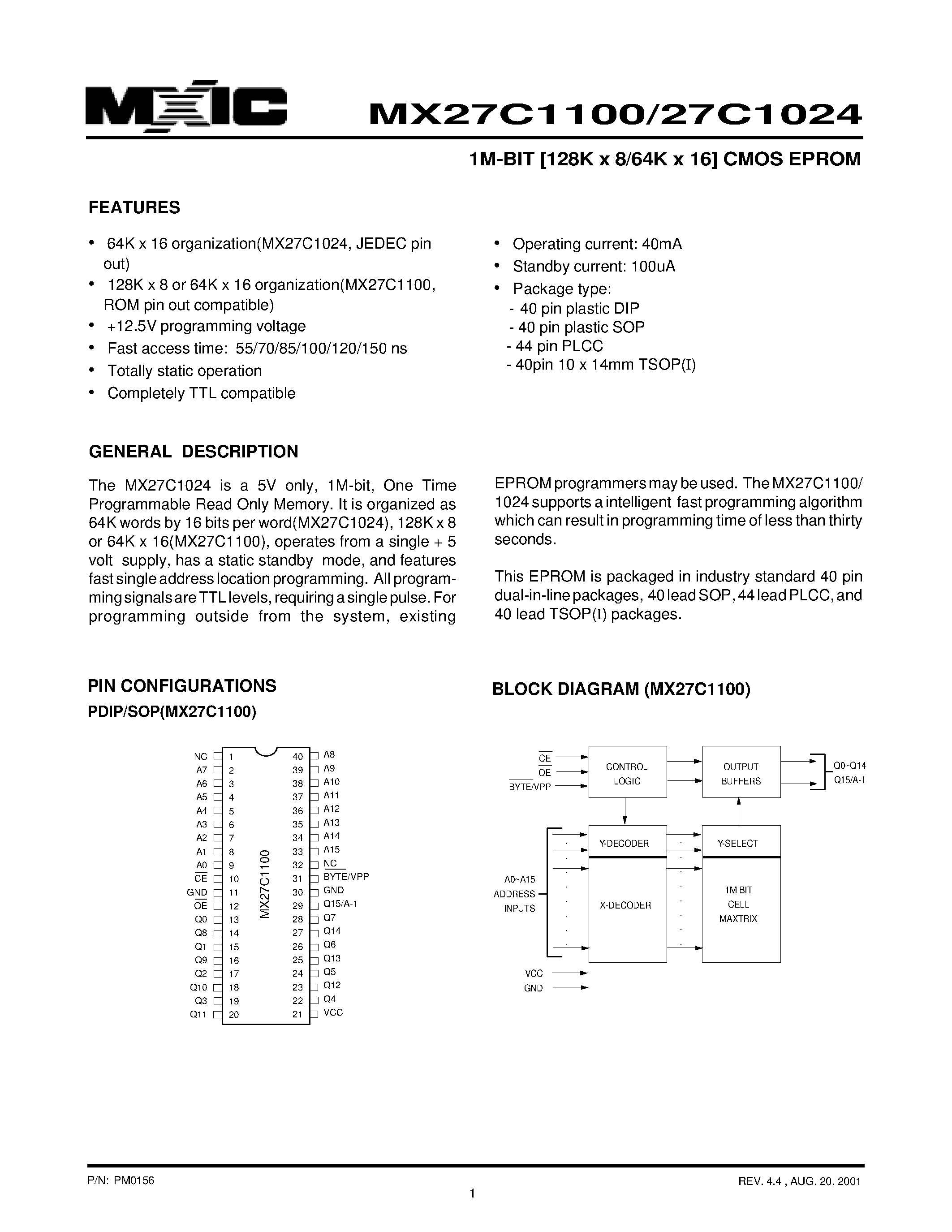 Datasheet MX27C1100 - (MX27C1100 / MX27C1024) 1M-BIT [128K x 8/64K x 16] CMOS EPROM page 1