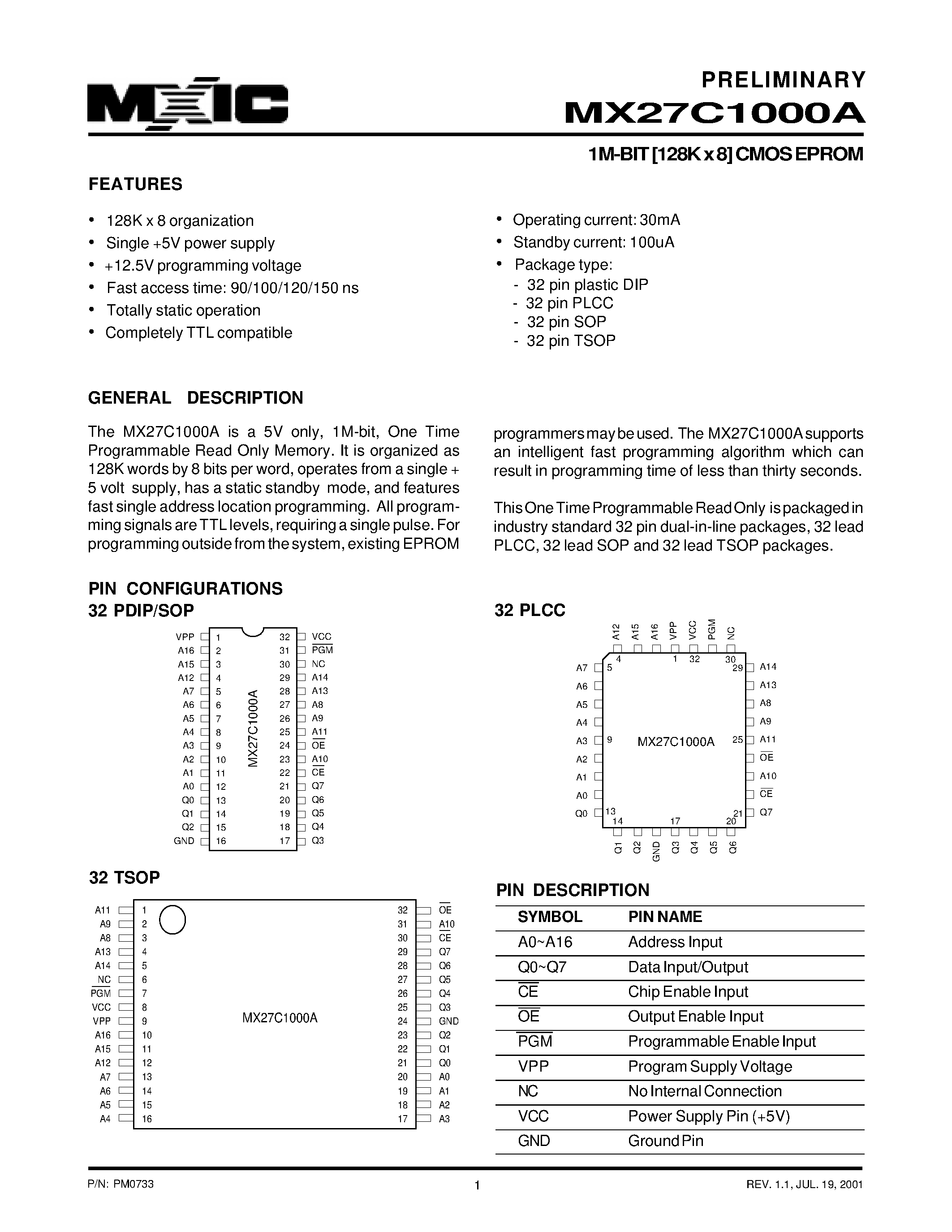 Datasheet MX27C1000A - 1M-BIT [128K x 8] CMOS EPROM page 1