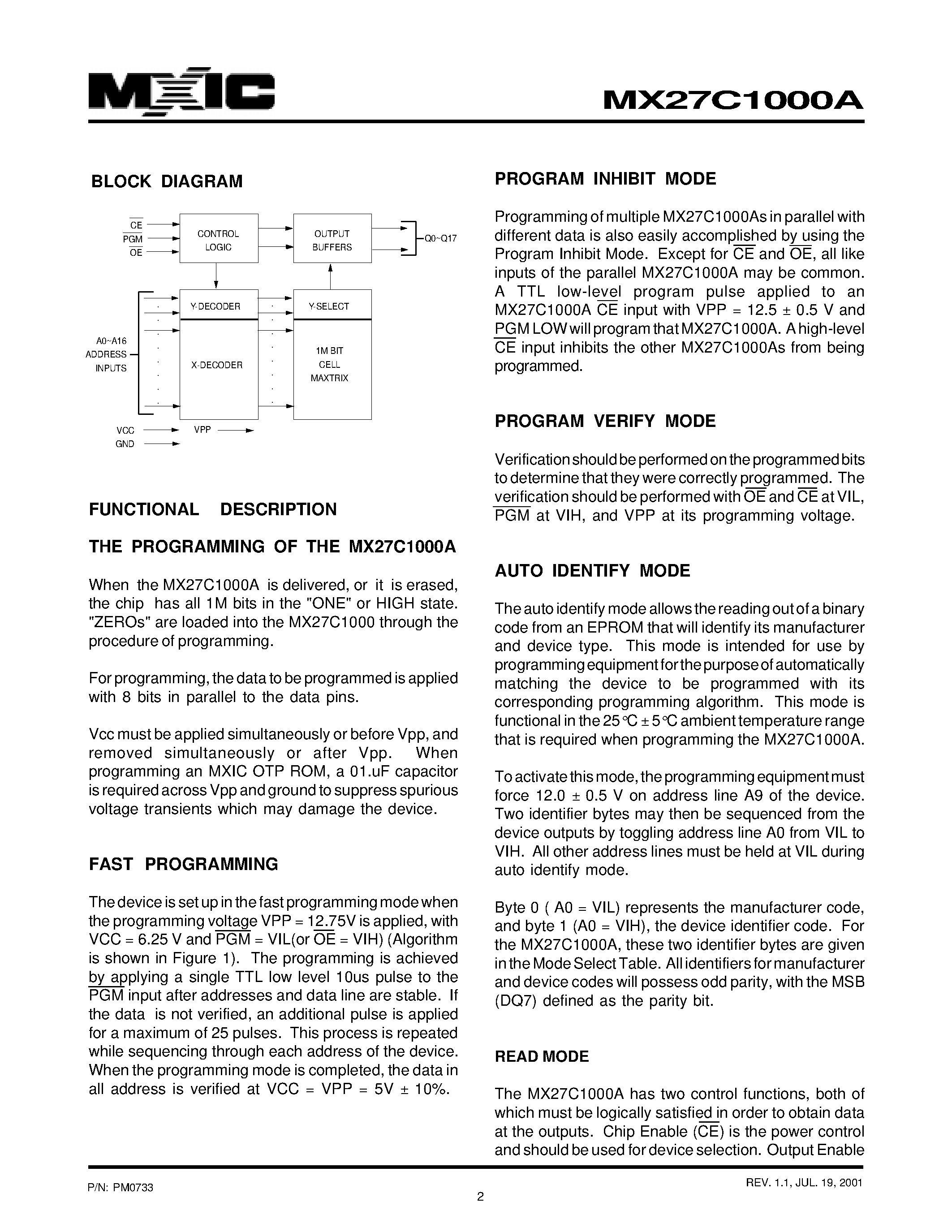 Datasheet MX27C1000A - 1M-BIT [128K x 8] CMOS EPROM page 2