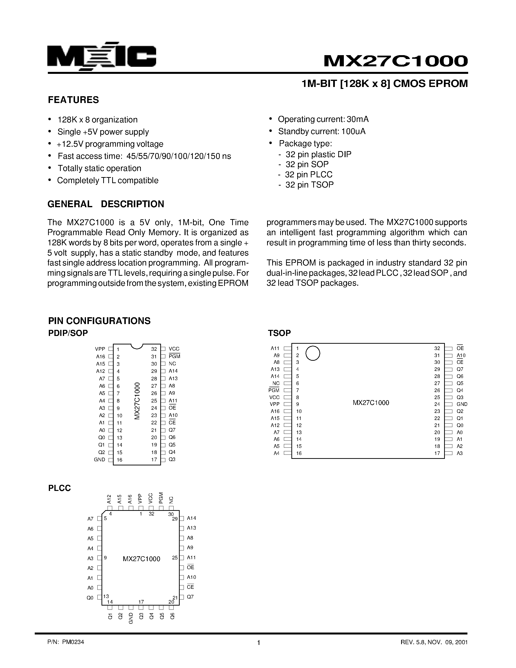 Datasheet MX27C1000 - 1M-BIT [128K x 8] CMOS EPROM page 1