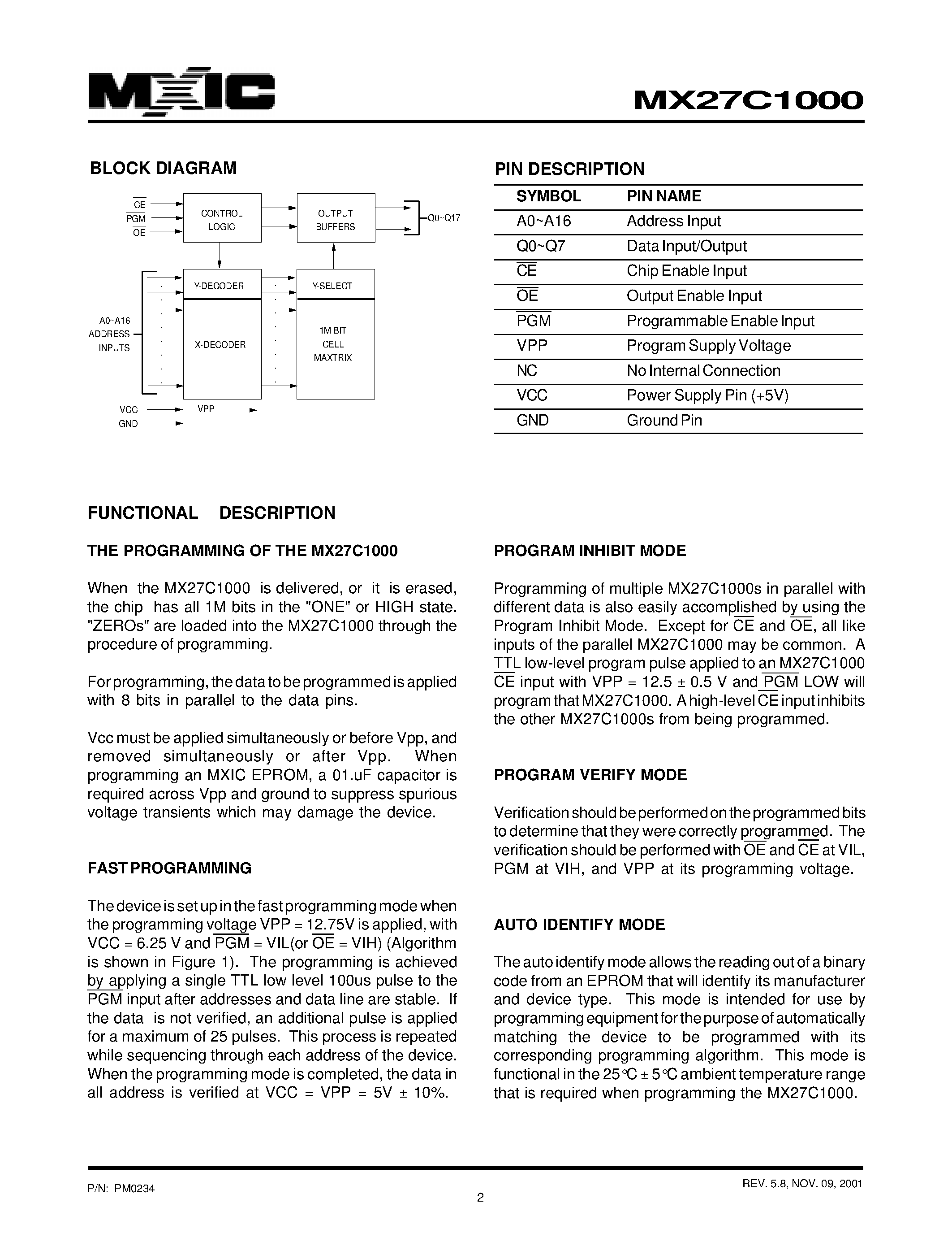 Datasheet MX27C1000 - 1M-BIT [128K x 8] CMOS EPROM page 2