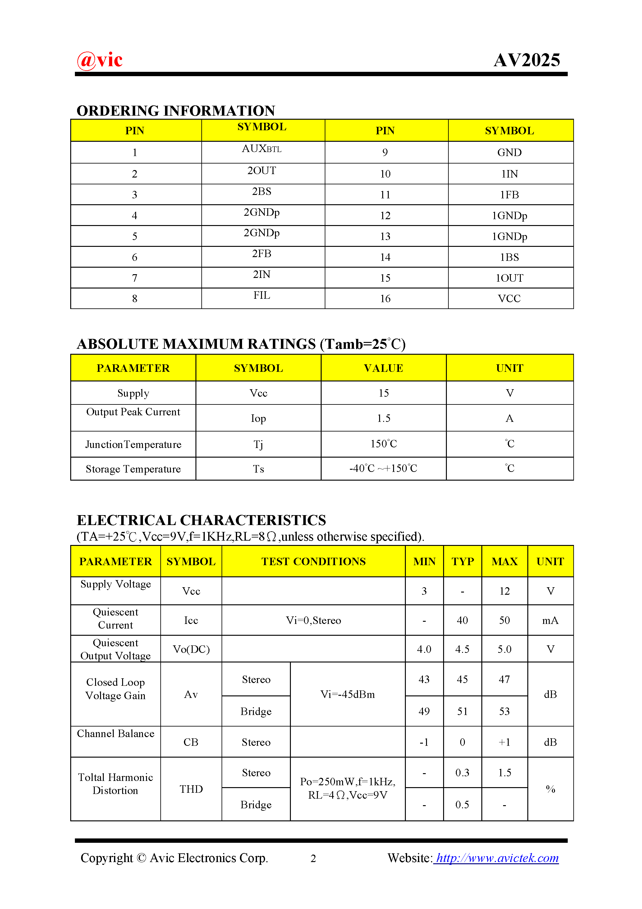 Даташит AV2025 - STEREO AUDIO AMPLIFIER страница 2