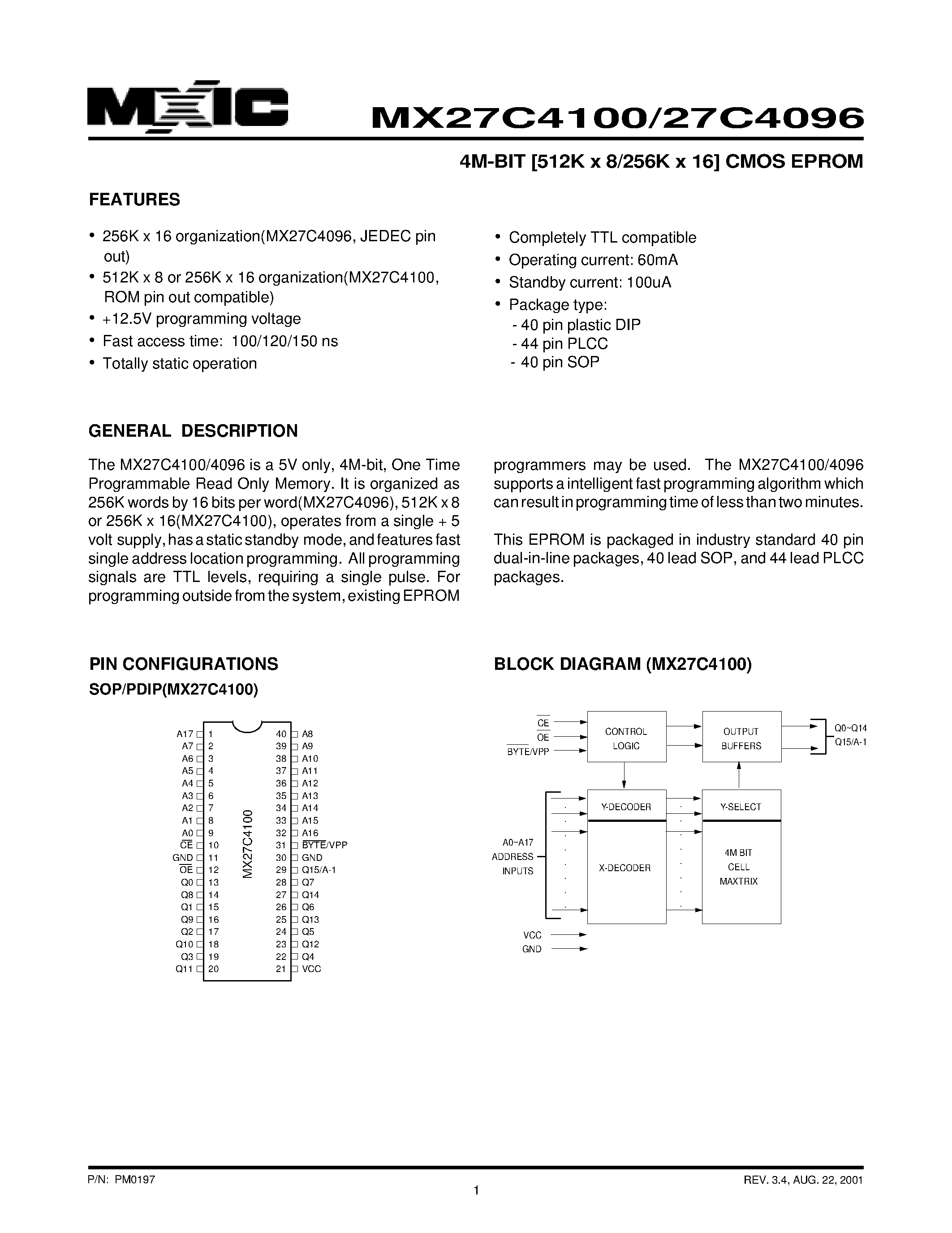 Datasheet MX27C4096 - (MX27C4100 / MX27C4096) 4M-BIT [512K x 8/256K x 16] CMOS EPROM page 1