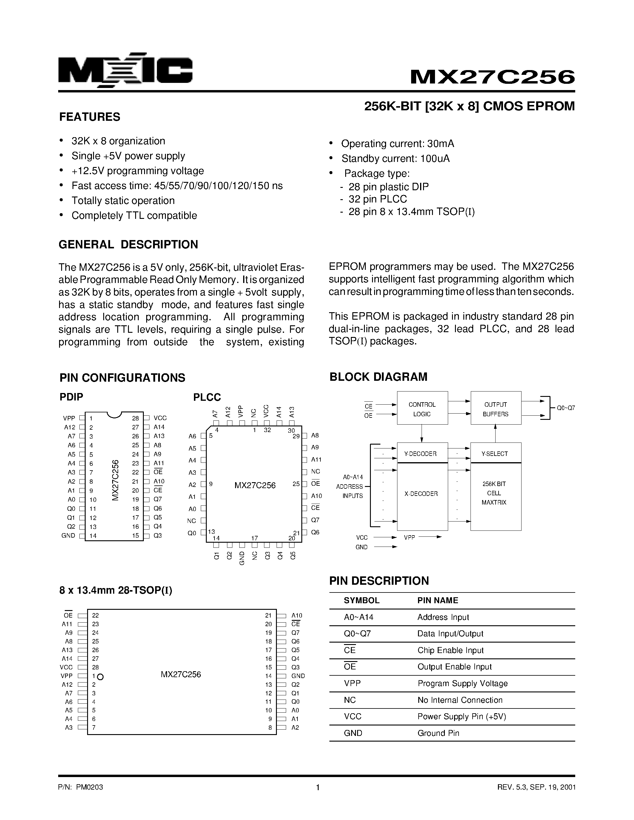 Datasheet MX27C256 - 256K-BIT [32K x 8] CMOS EPROM page 1