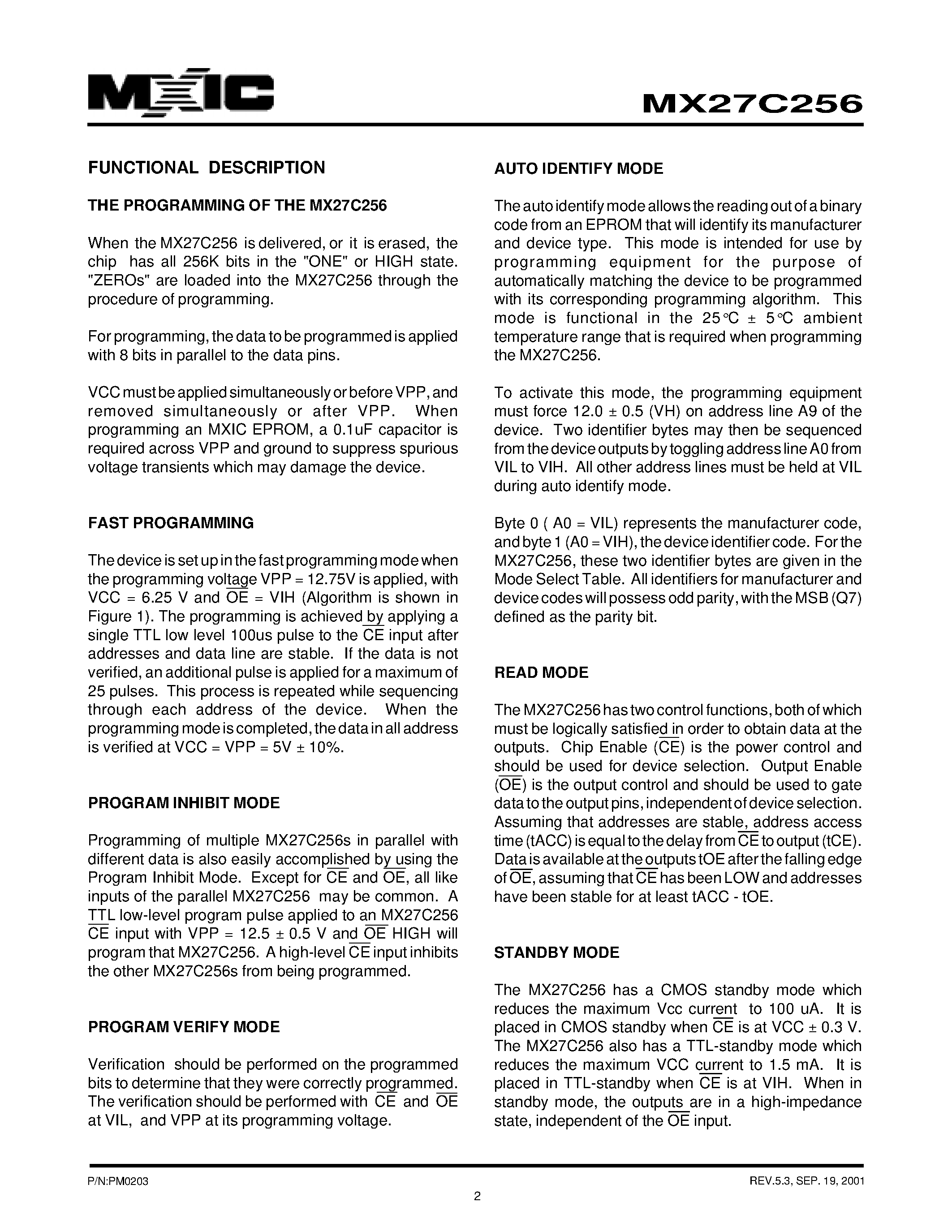 Datasheet MX27C256 - 256K-BIT [32K x 8] CMOS EPROM page 2