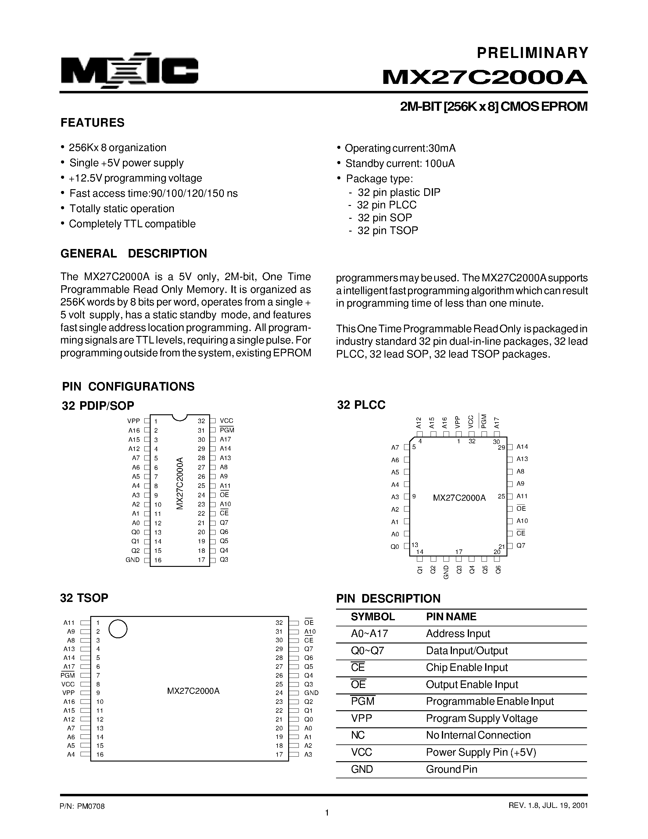 Datasheet MX27C2000A - 2M-BIT [256K x 8] CMOS EPROM page 1