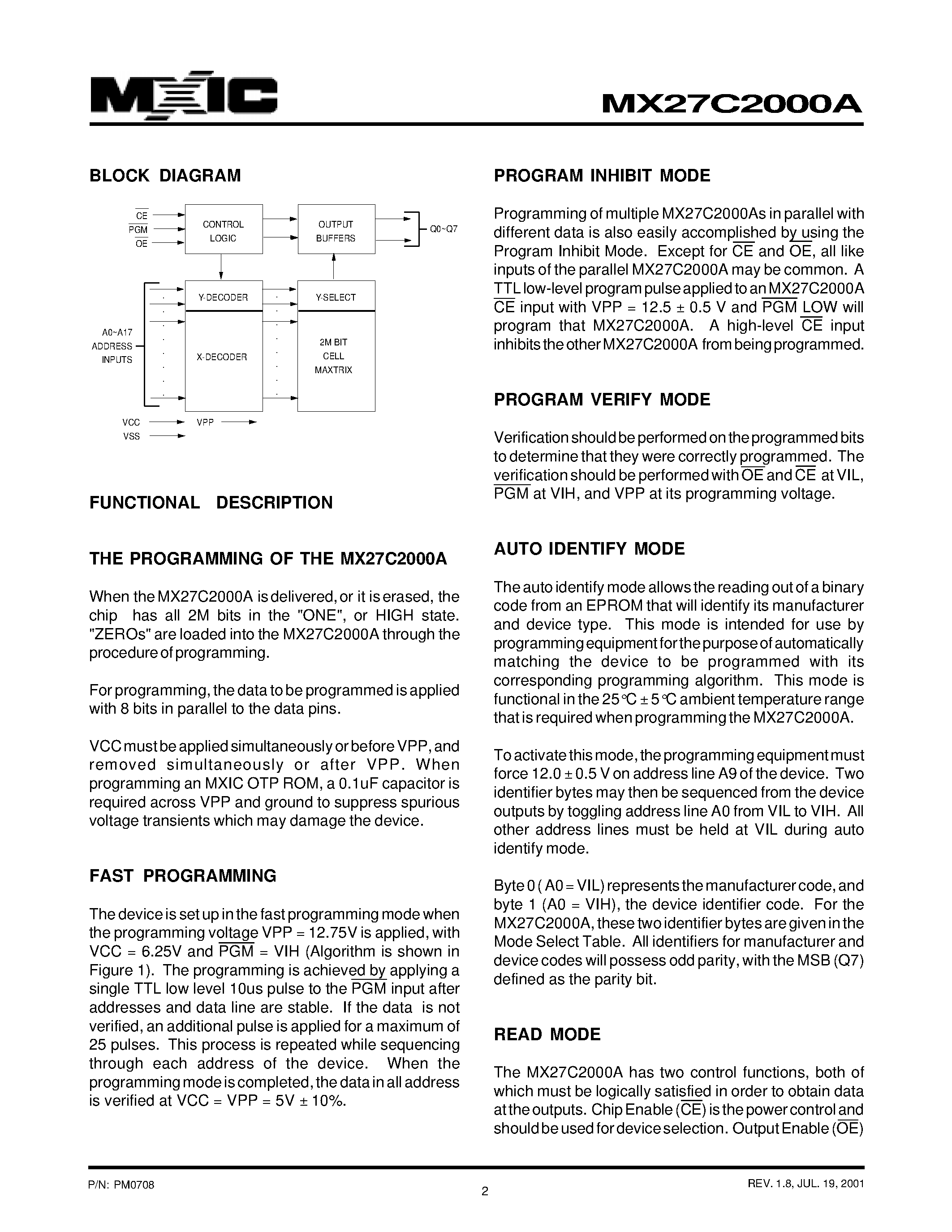 Datasheet MX27C2000A - 2M-BIT [256K x 8] CMOS EPROM page 2